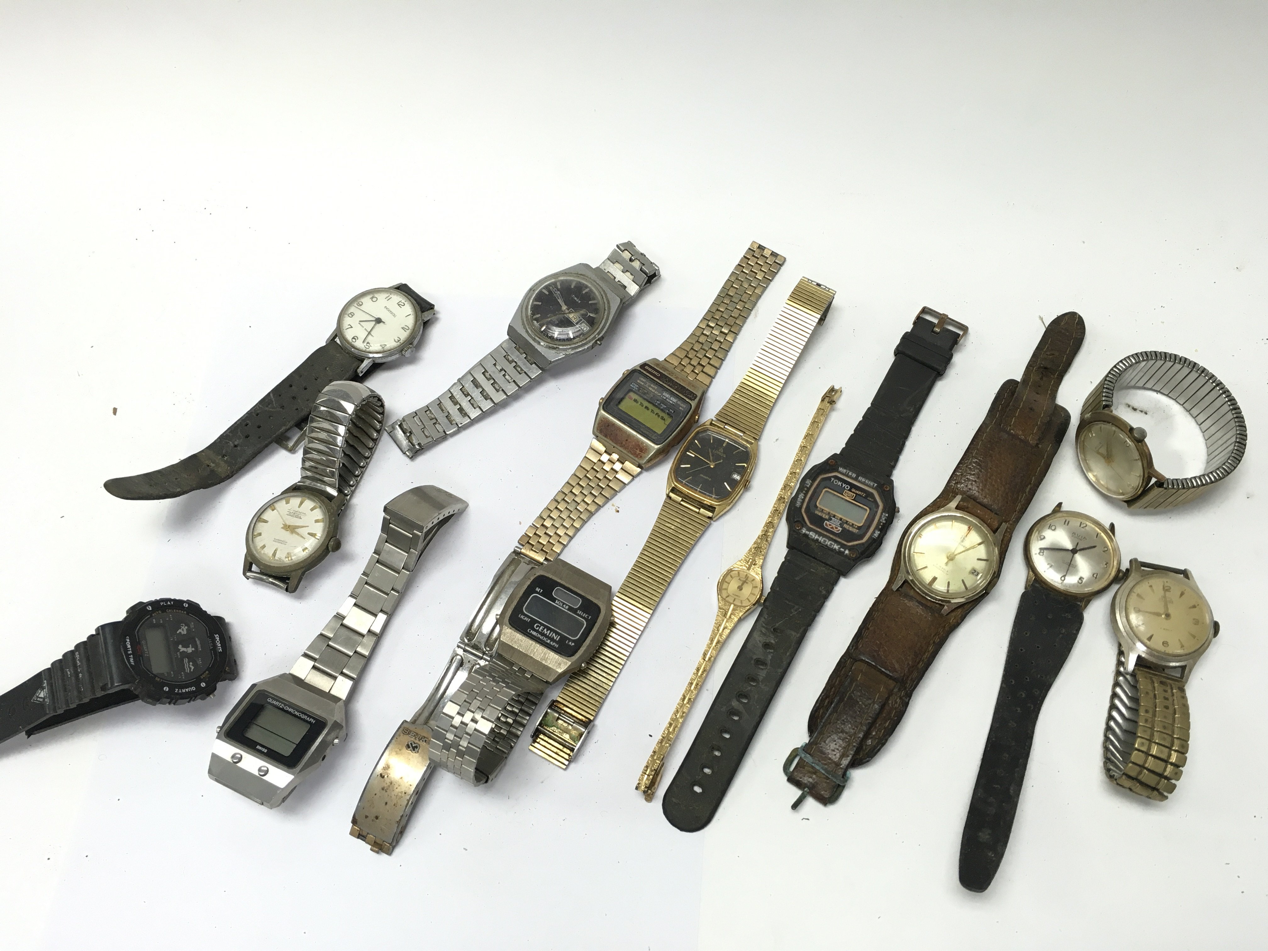 A Collection of watches including Avia, Smiths, Accurist, Timex, Longreene 30 jewels (seen working) etc. postage category B