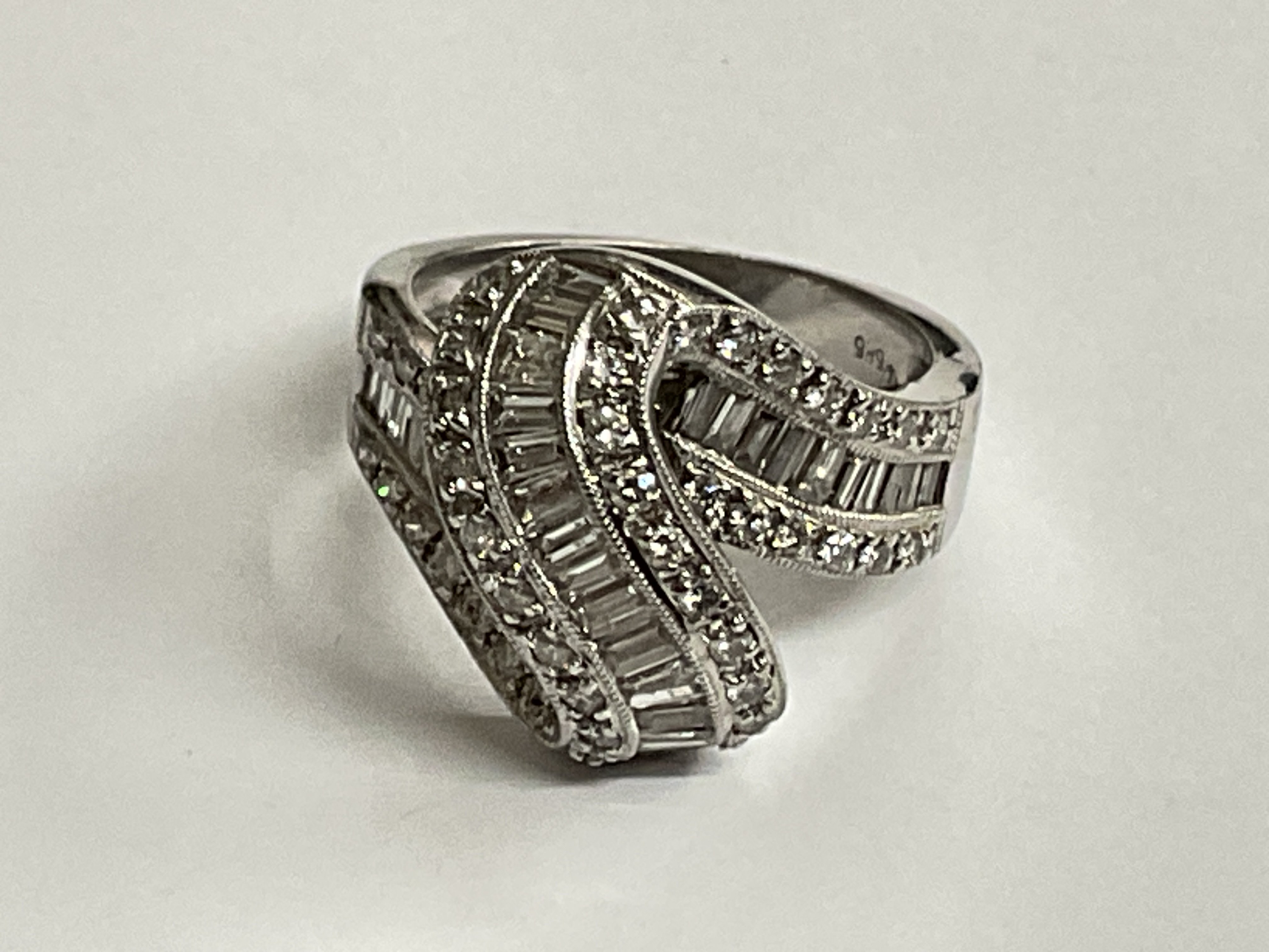 White gold fancy diamond baguette/round ring, 2ct, 7.33g, approx ring size L. Postage category A.