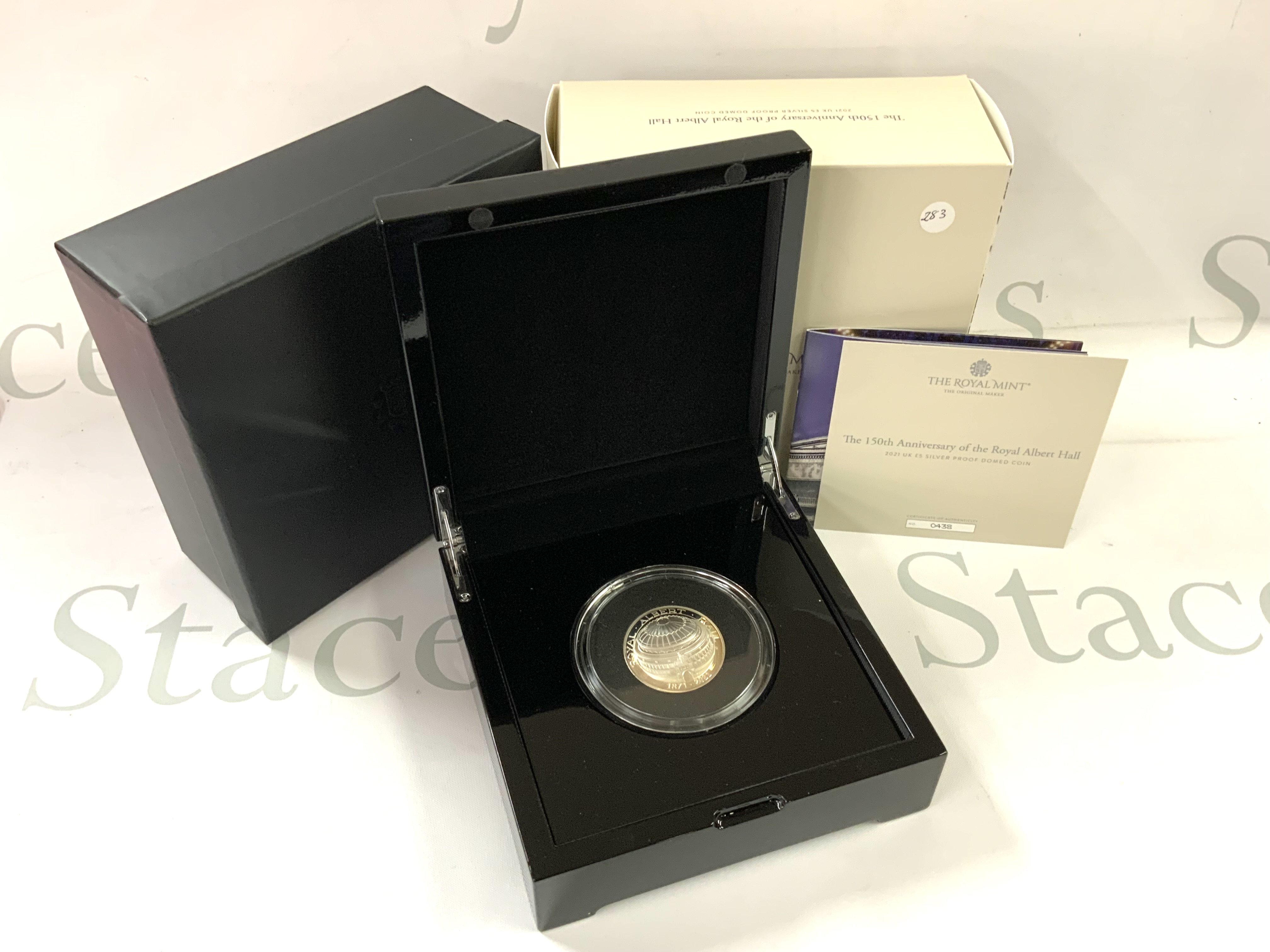 Royal Mint 150th Anniversary of the Royal Albert hall 2021 UK &pound;5 silver proof domed coin, with box and paperwork. (A)