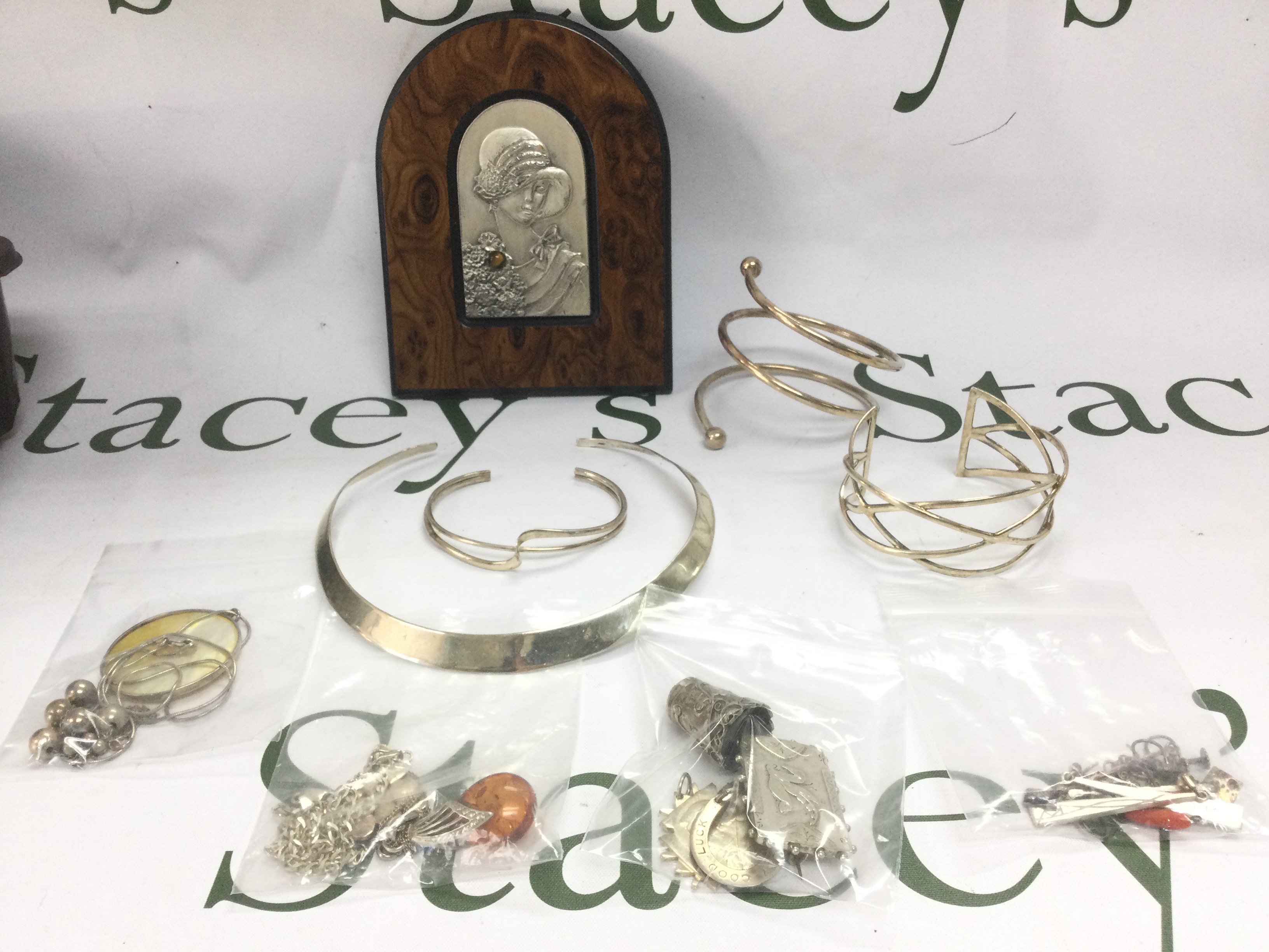 A collection of silver jewellery including bracelets, necklaces, brooches etc. Shipping category B.