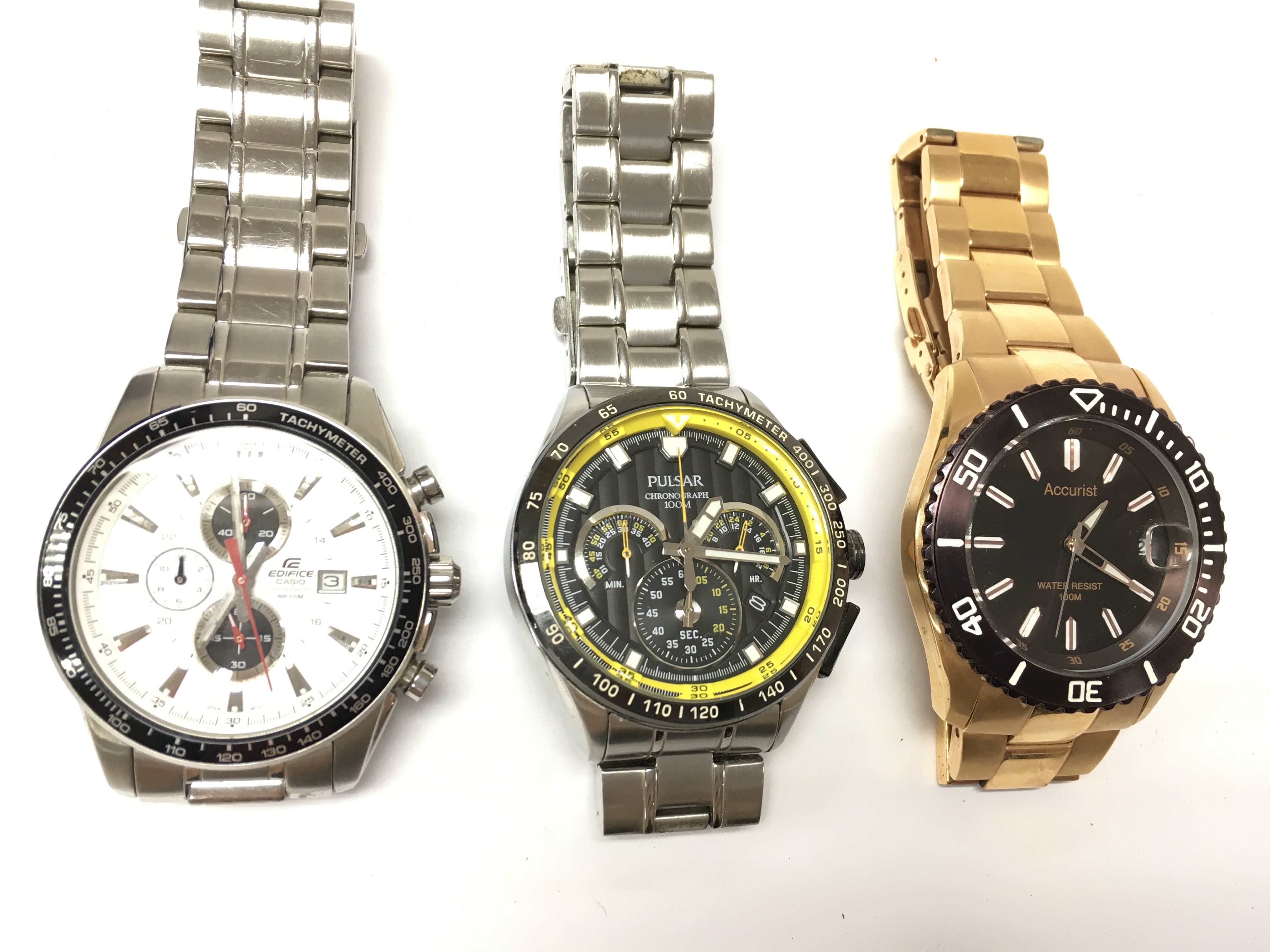 Three gents watches including pulsar chronograph and a accurist and a Casio Edifice. Postage B