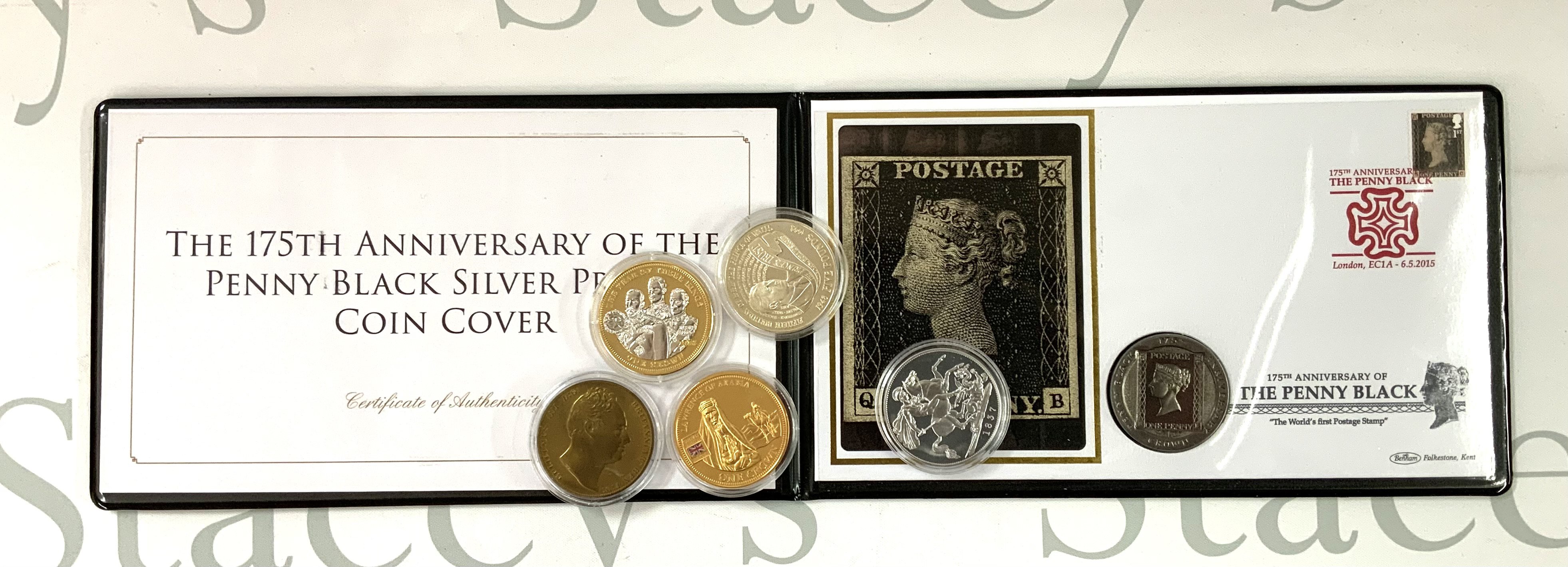 A Penny Black Anniversary Silver coin together with 5 additional commemorative coins, cased set of 3 sterling silver coins (A)