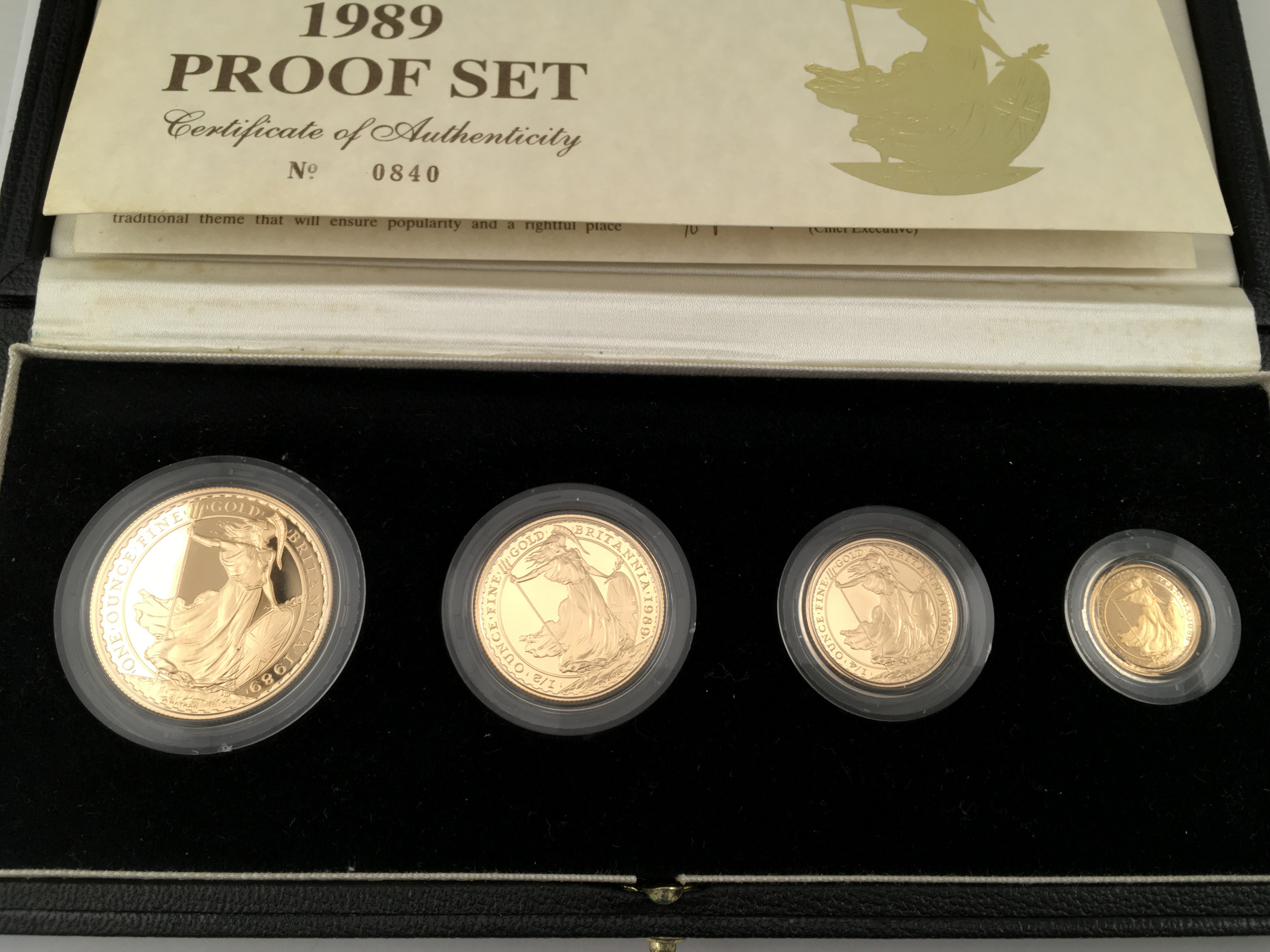 1989 proof gold Britannia 4 coin box set with COA. Postage B