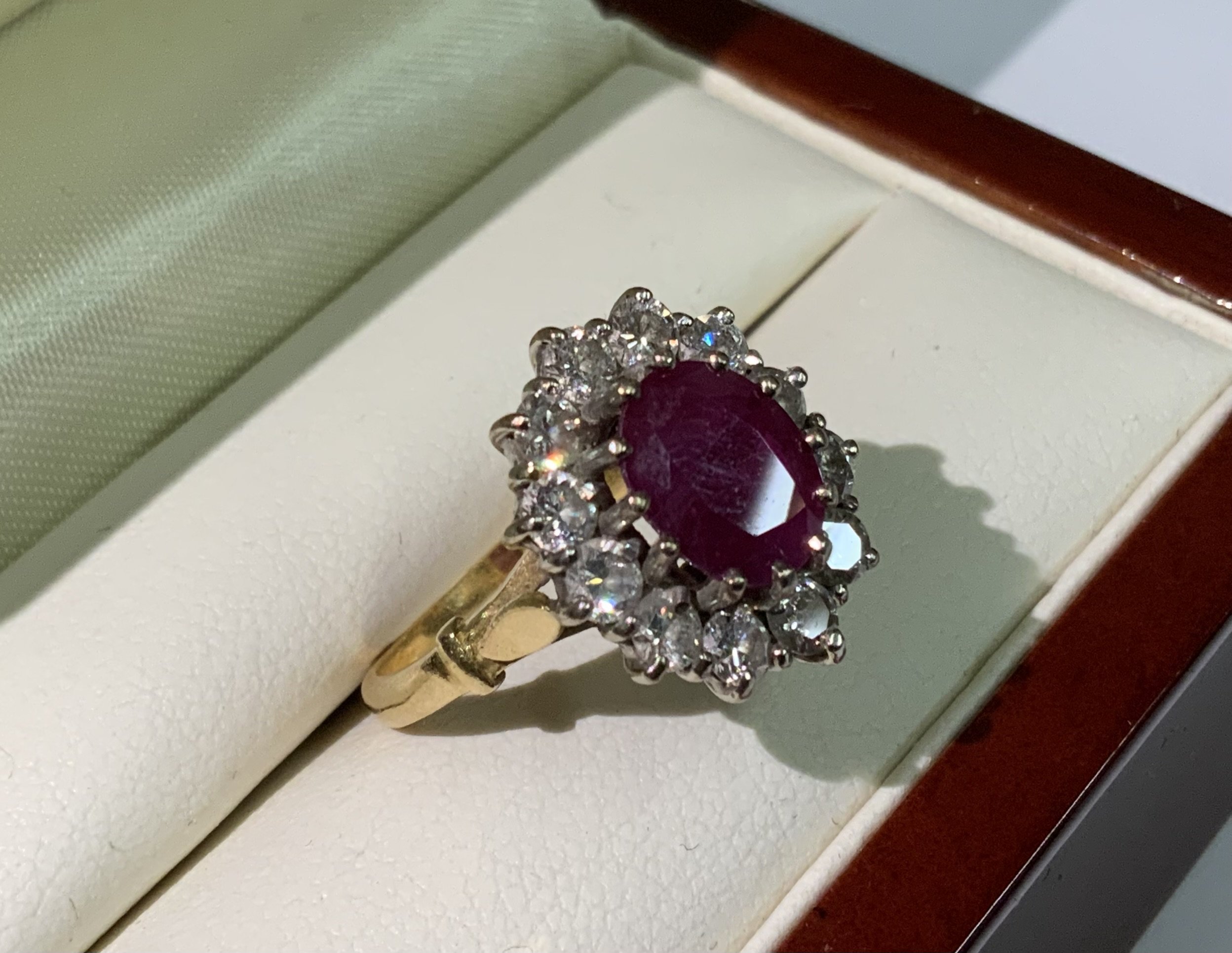 Withdrawn -A good quality 18ct yellow gold Ruby and Diamond cluster ring central ruby surround by approx 1.2cts of brilliant cut diamonds. Size P (A)