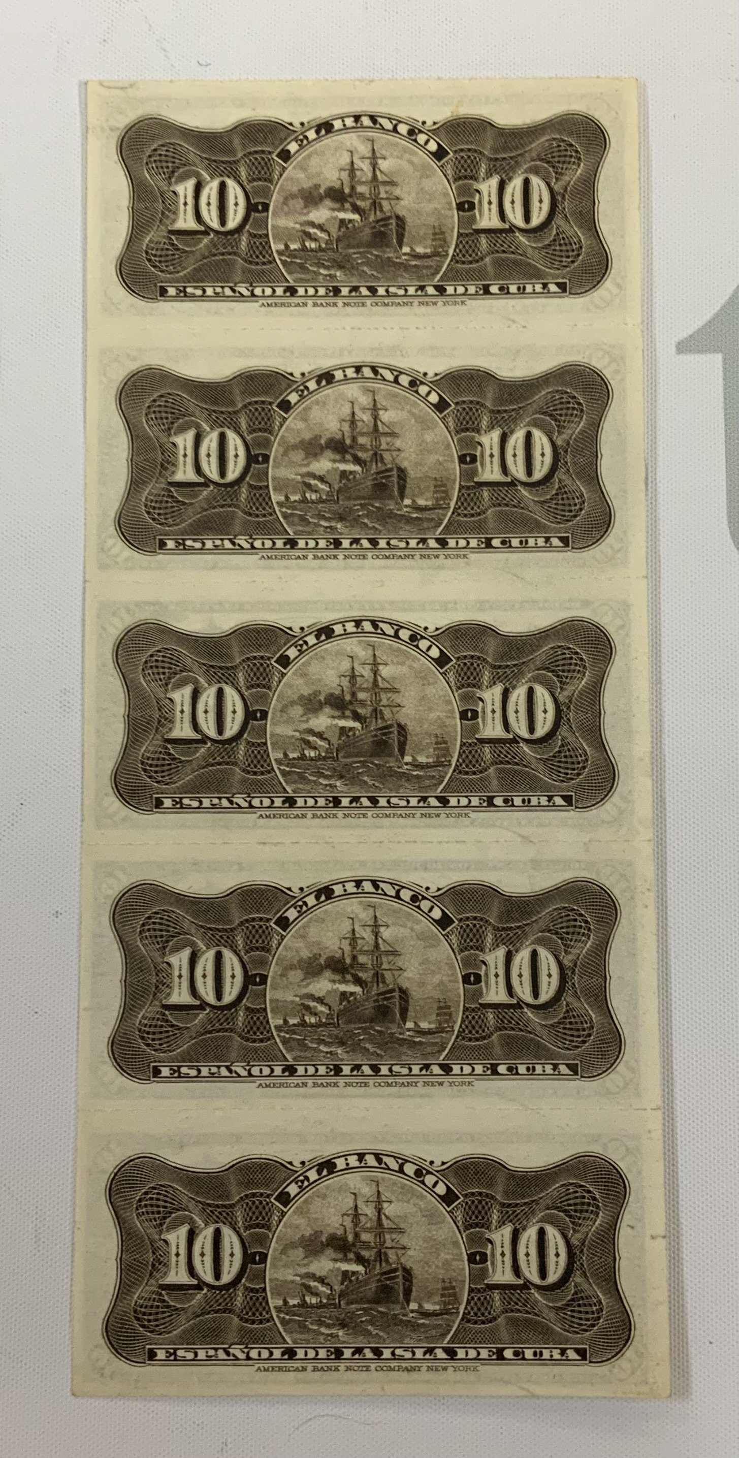 1897 El Banco Espanol FIVE Uncut Consecutive serial, 10 Ctvs. (A) NO RESERVE