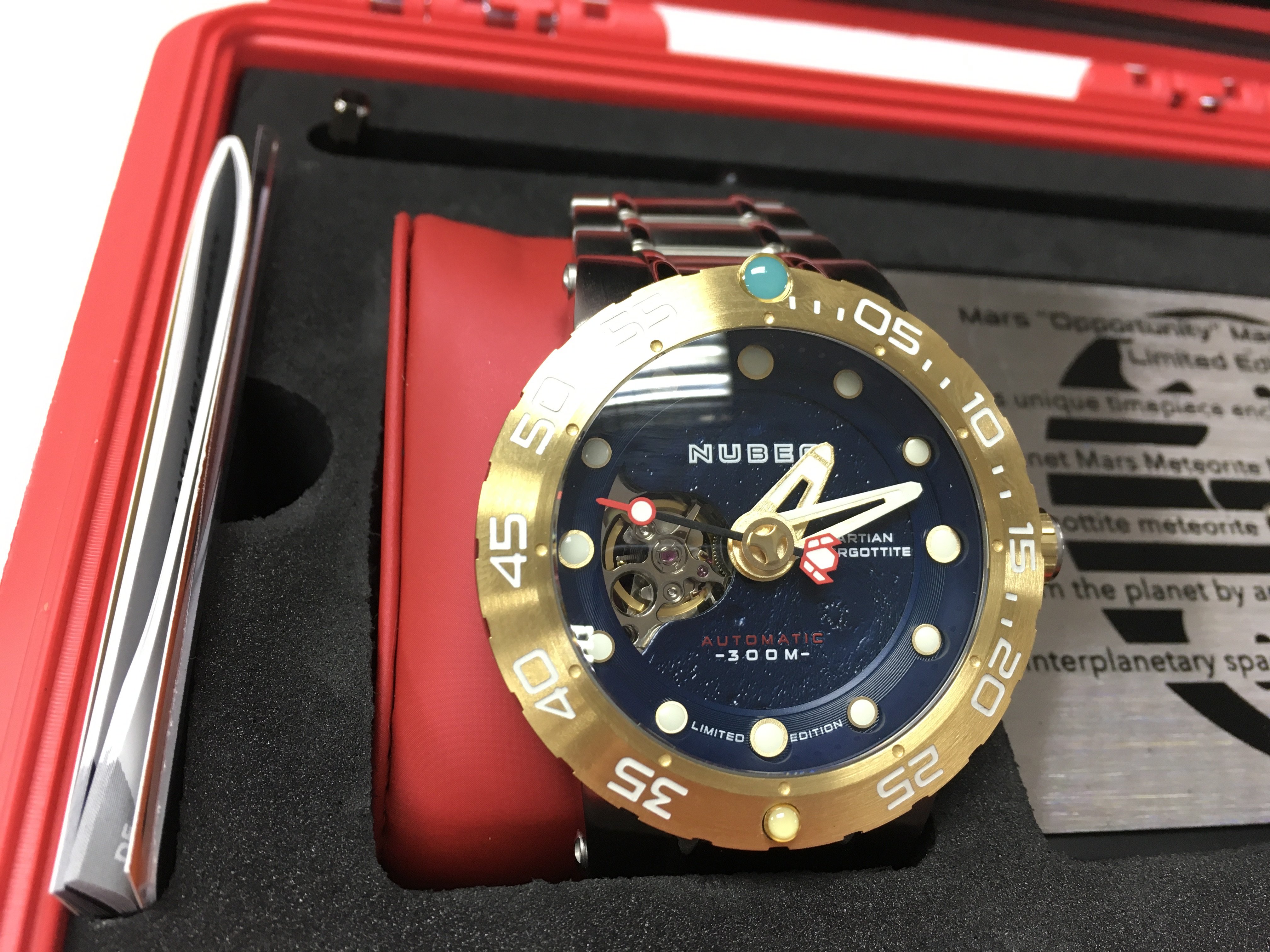 A Nubeo Mars opportunity martian meteorite ltd edition watch with all original paperwork and box. 48mm case. Seen working and in as new condition. Postage B