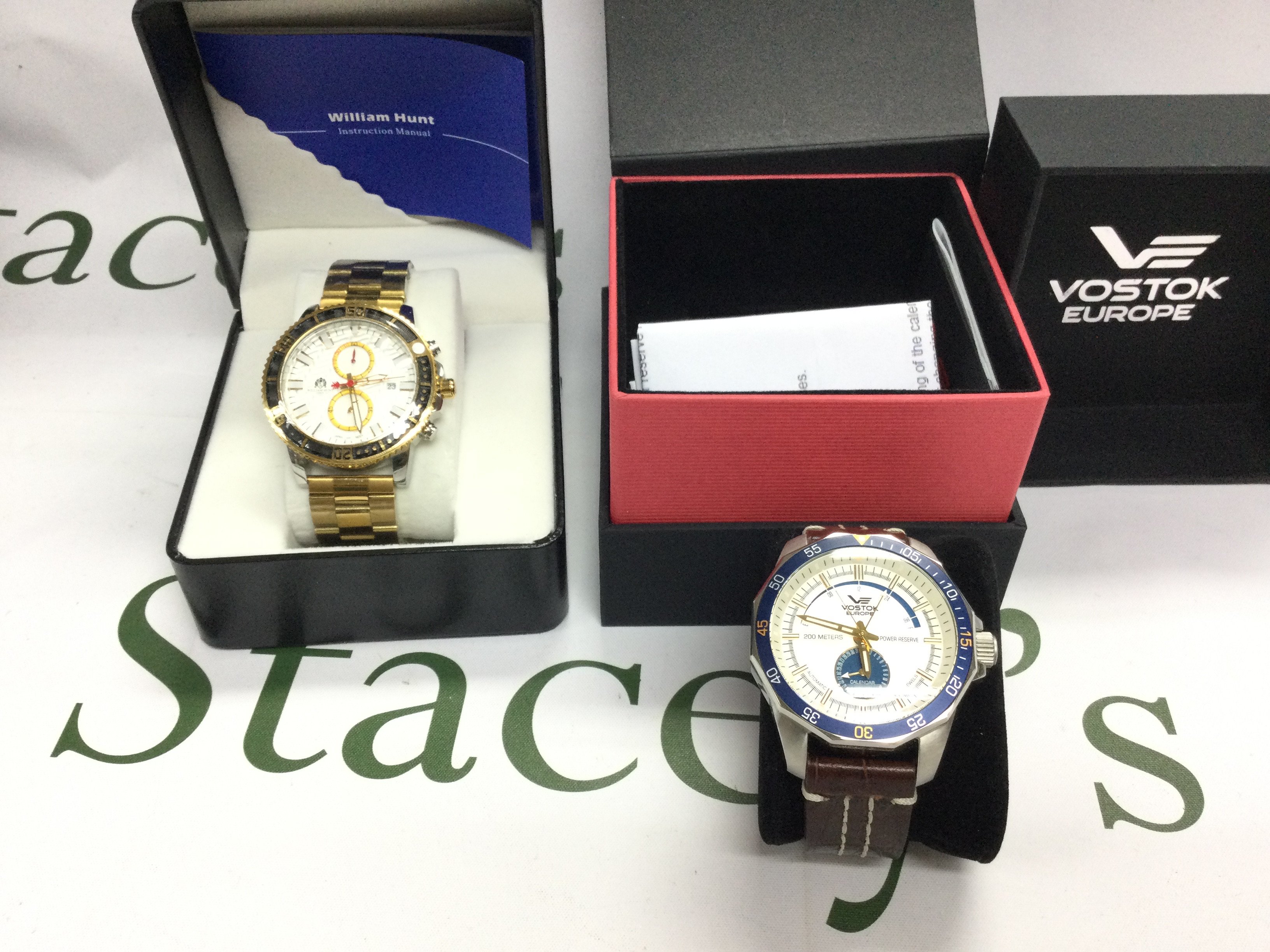 A gents Vostok Europe automatic watch in excellent condition seen running and one other watch not seen running. Postage B