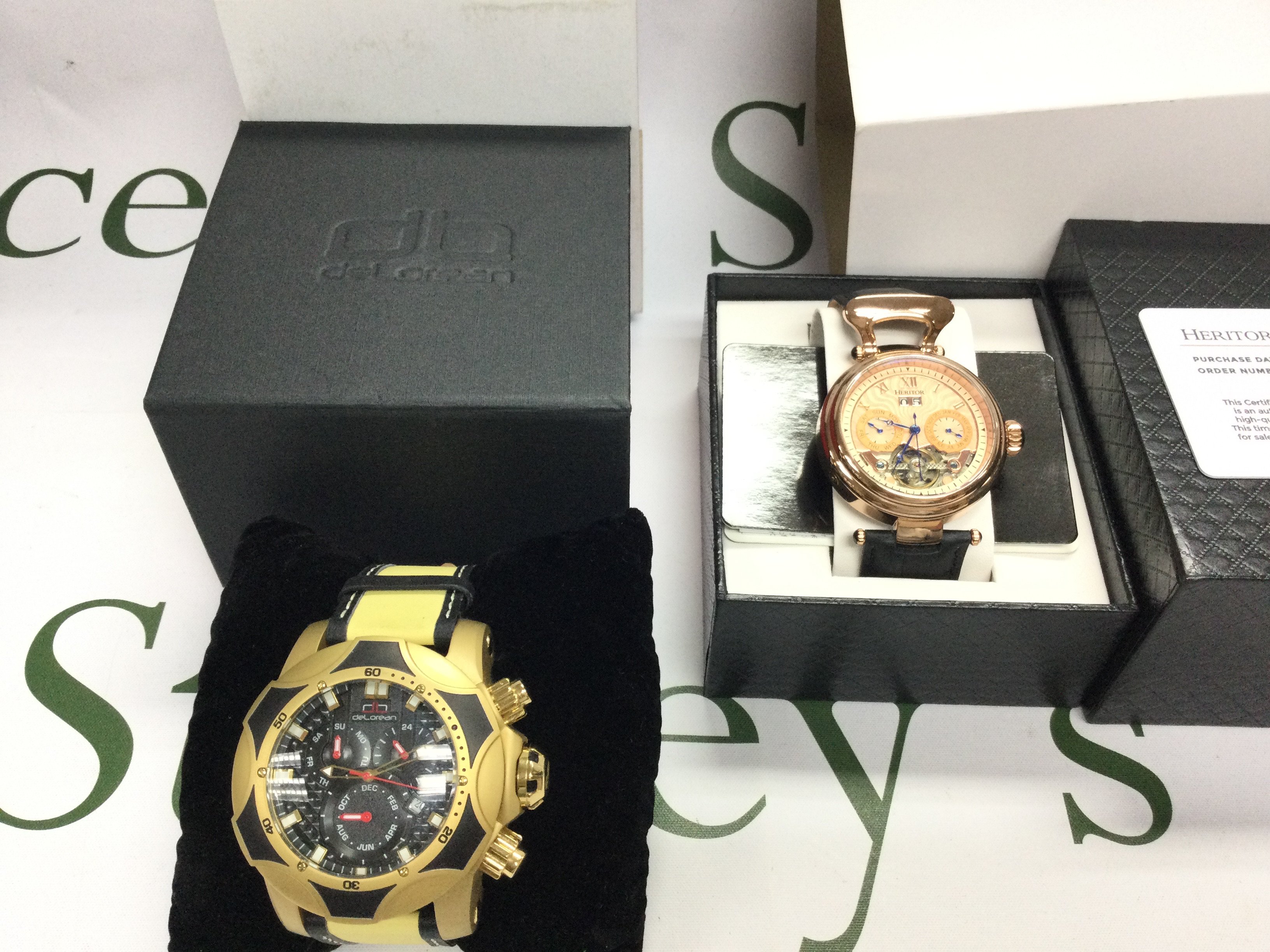 Two gents watches including Delorean and Heritor. Both automatic and seen running with boxes and paperwork. Postage B
