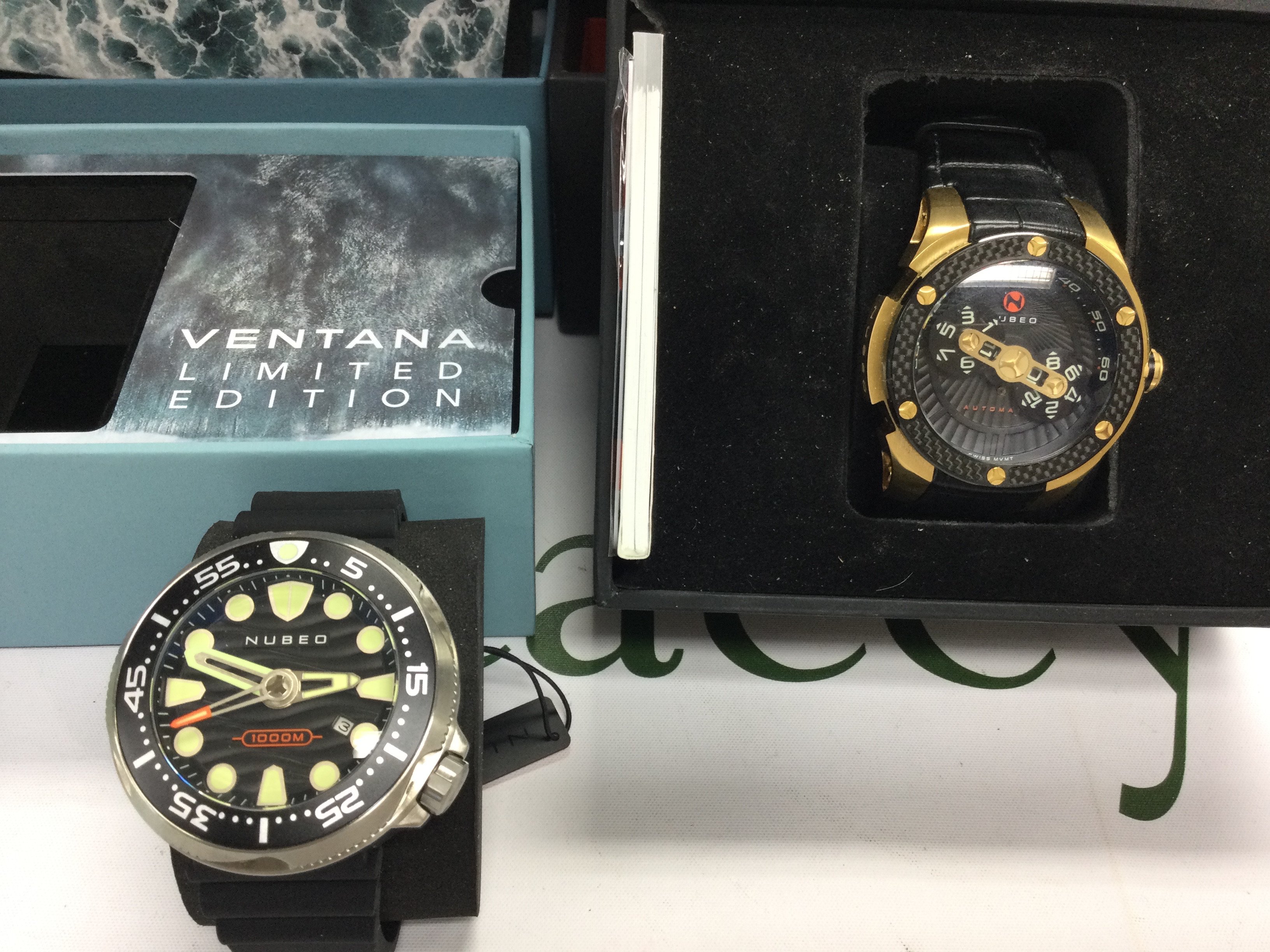Two Nubeo watches with boxes and paperwork including a Ltd edition Ventana version. Postage B