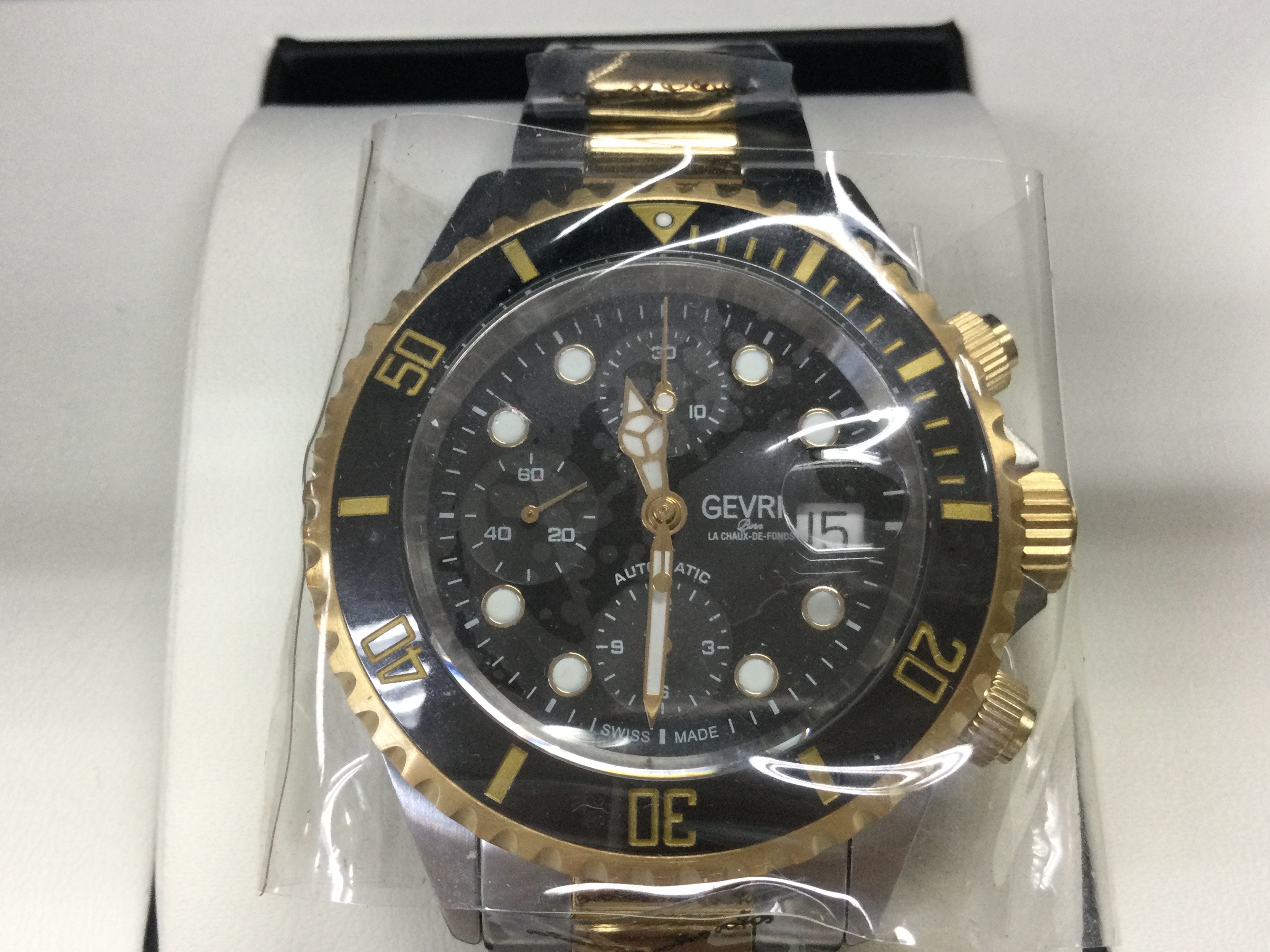 A Gevril Wall Street chrono Swiss automatic watch. In new condition seen running. With box and paperwork. Postage B