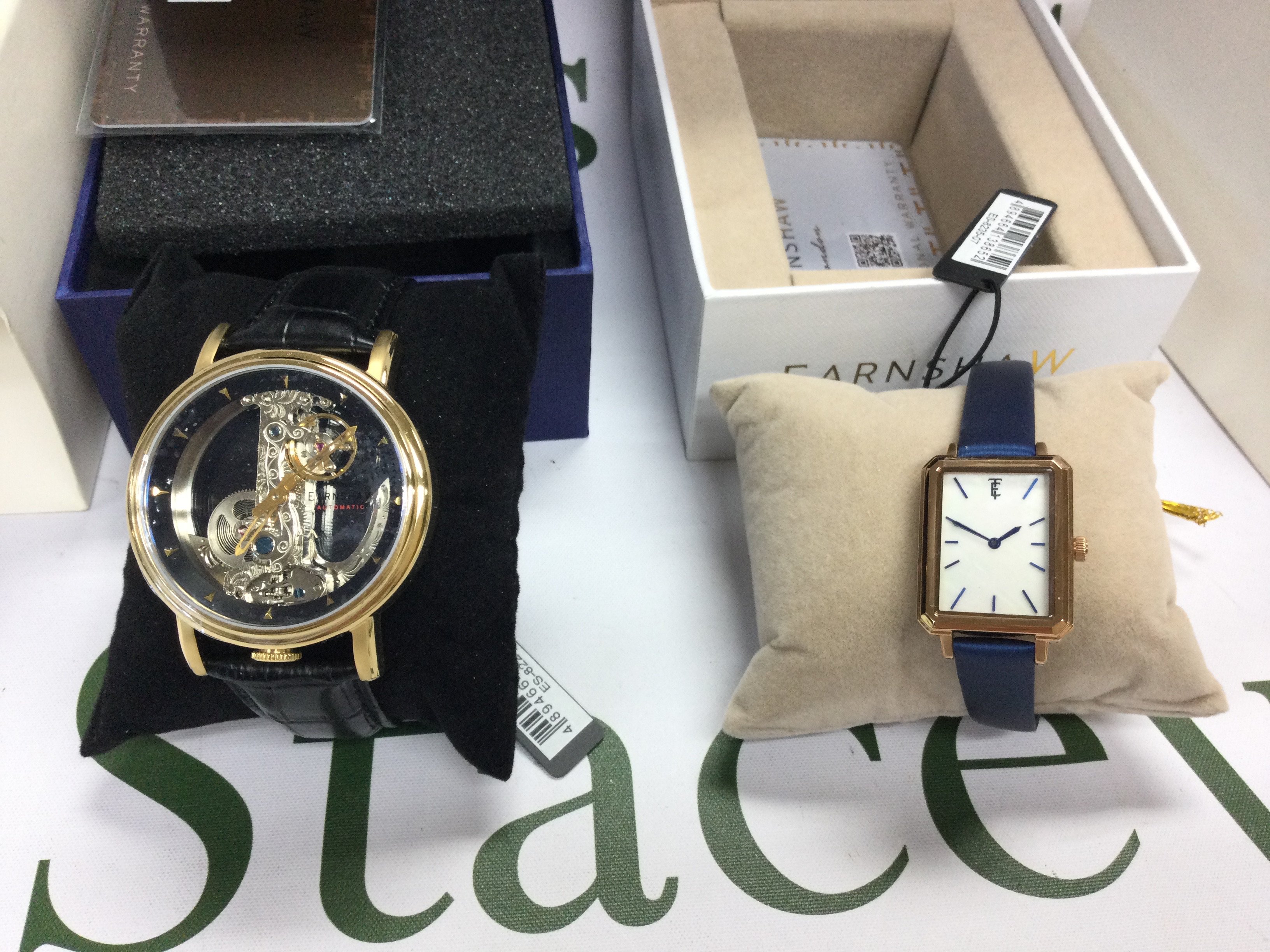 Two Earnshaw wrist watches including a skeleton automatic seen running and a MOP dial watch. Postage B