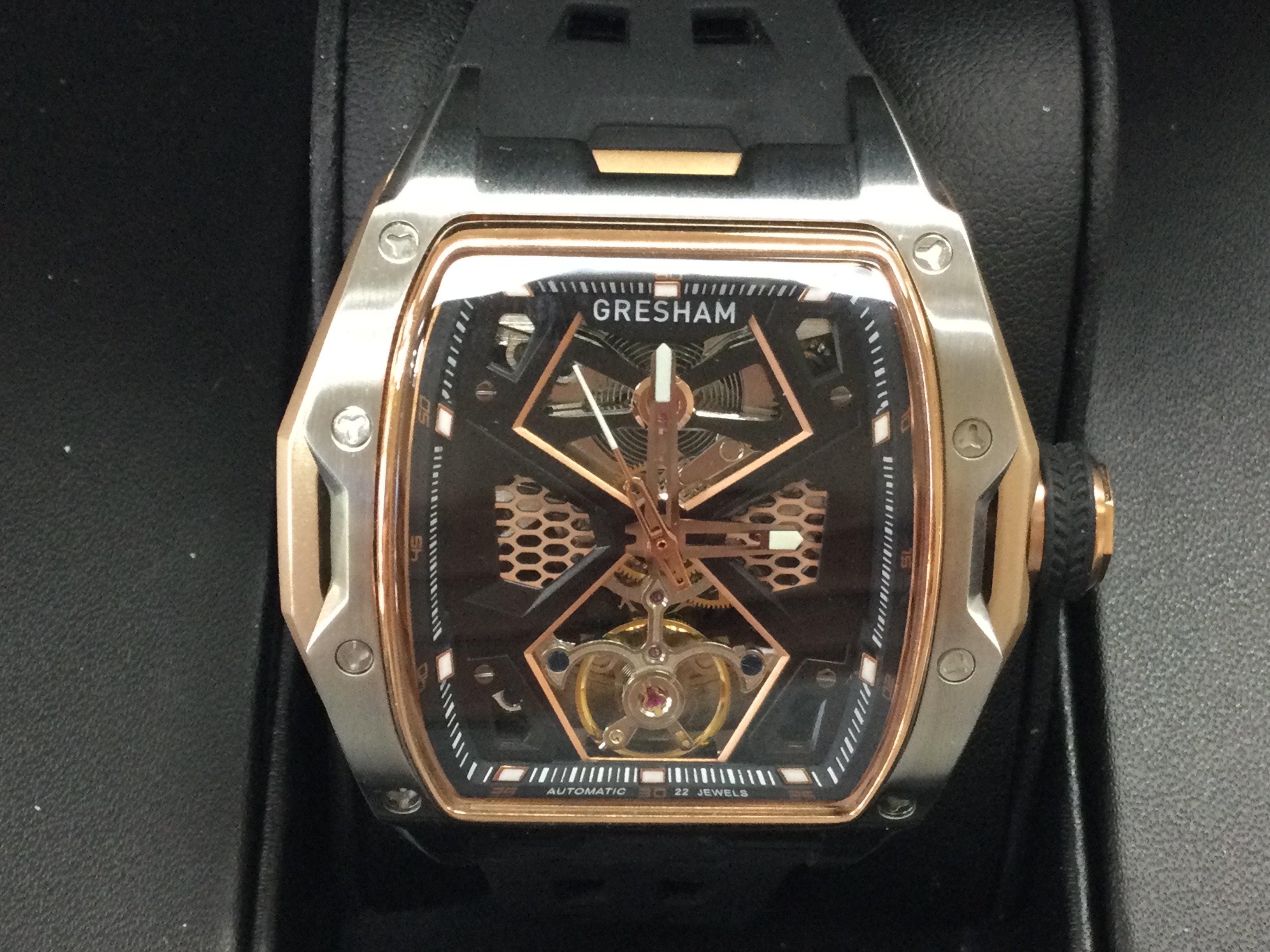 Gresham G1 special edition stainless steel black and rose watch with black rubber strap. As new condition with box and paperwork seen working. Postage B