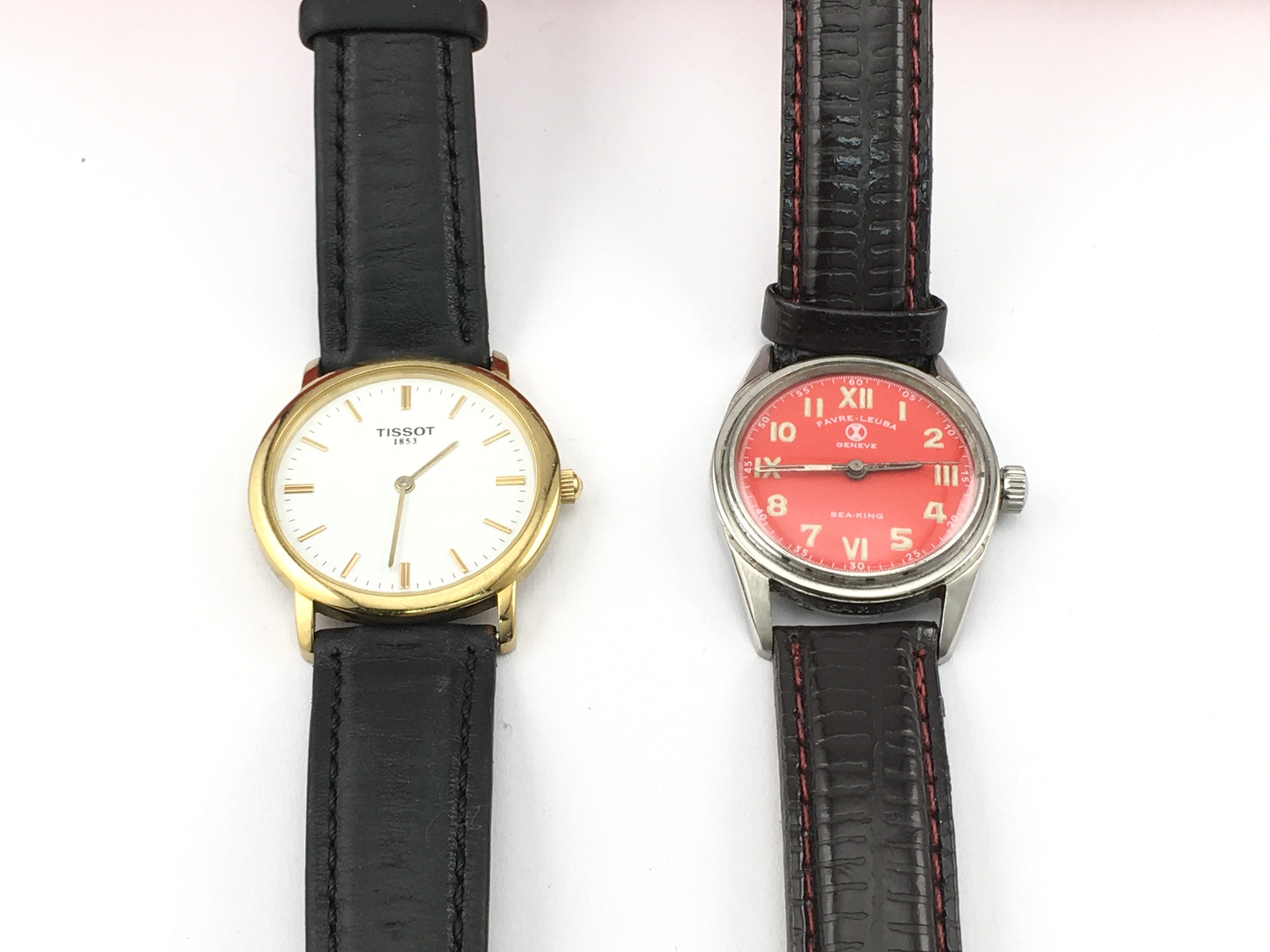 A Tissot watch with black leather strap and box and a vintage Favre Leuba sea king watch. Neither need running. Postage B