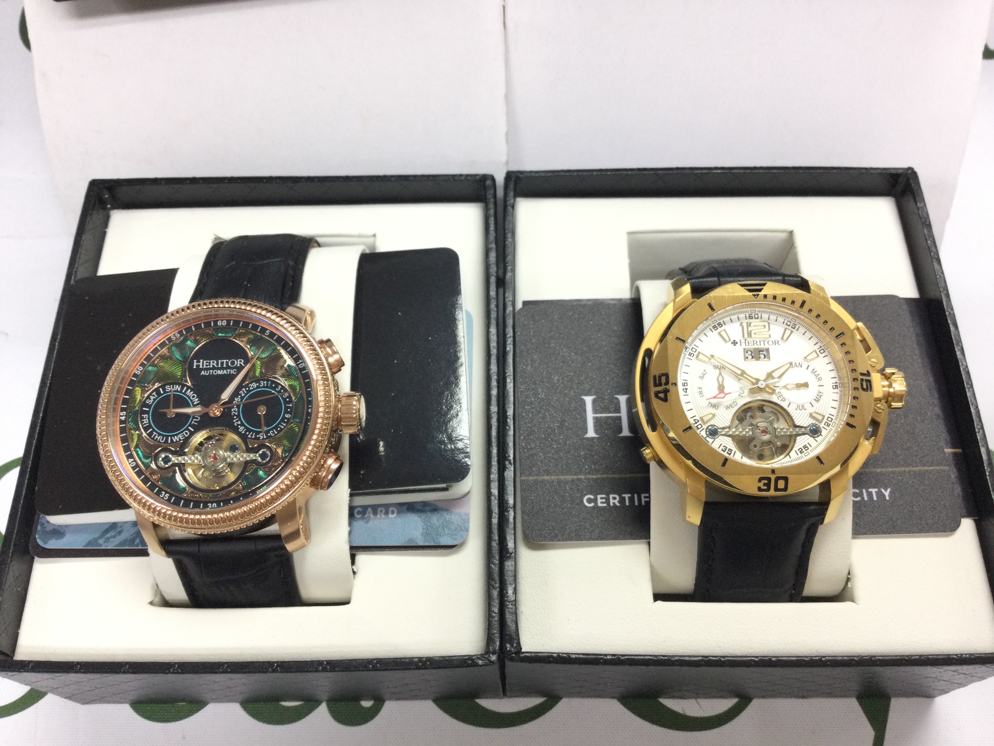 Two Heritor automatic watches in as new condition with box and paperwork. Seen running Postage B