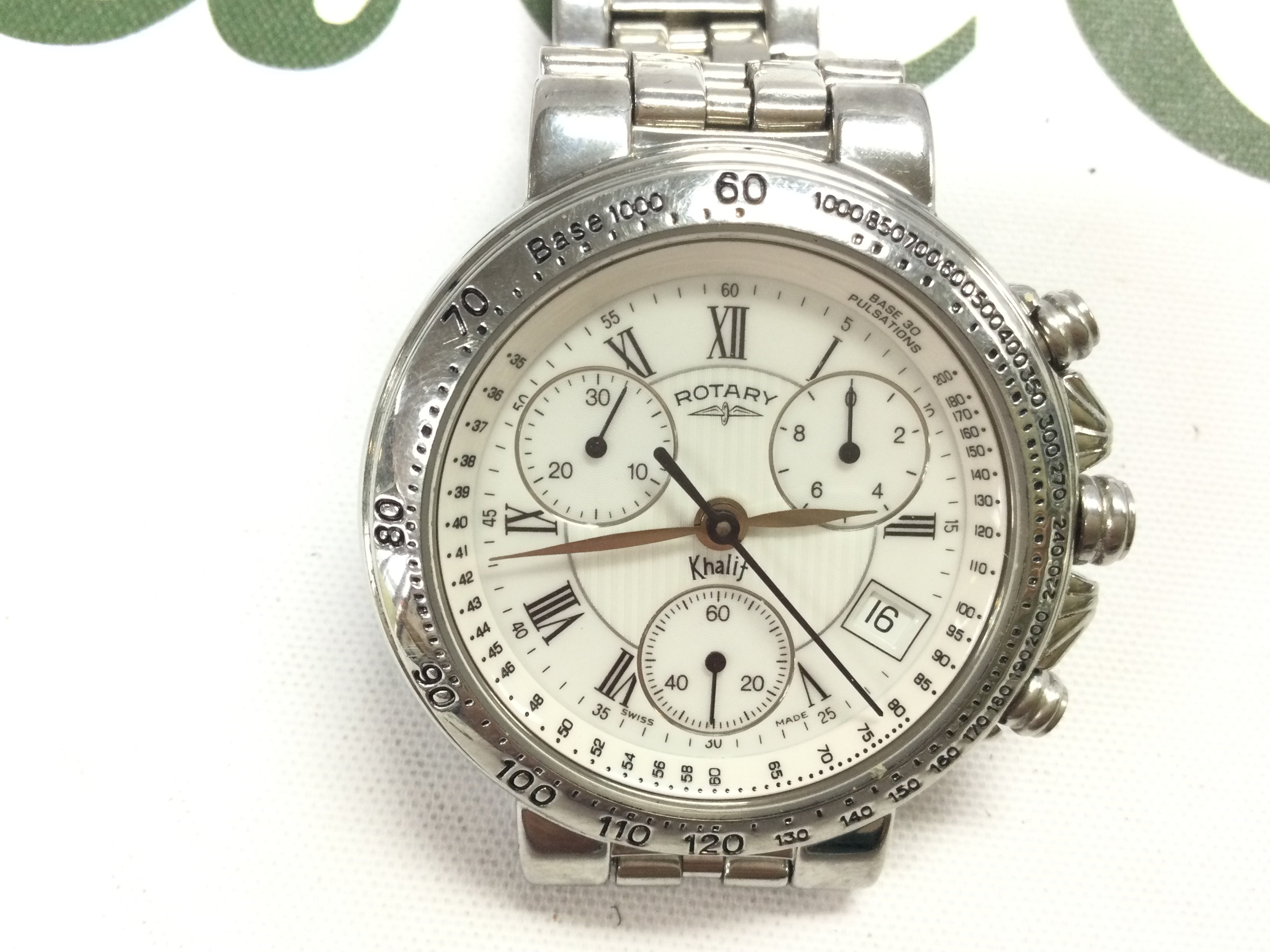 A Rotary Khalif Chronograph watch. Approx 40mm case. Seen working. Postage B