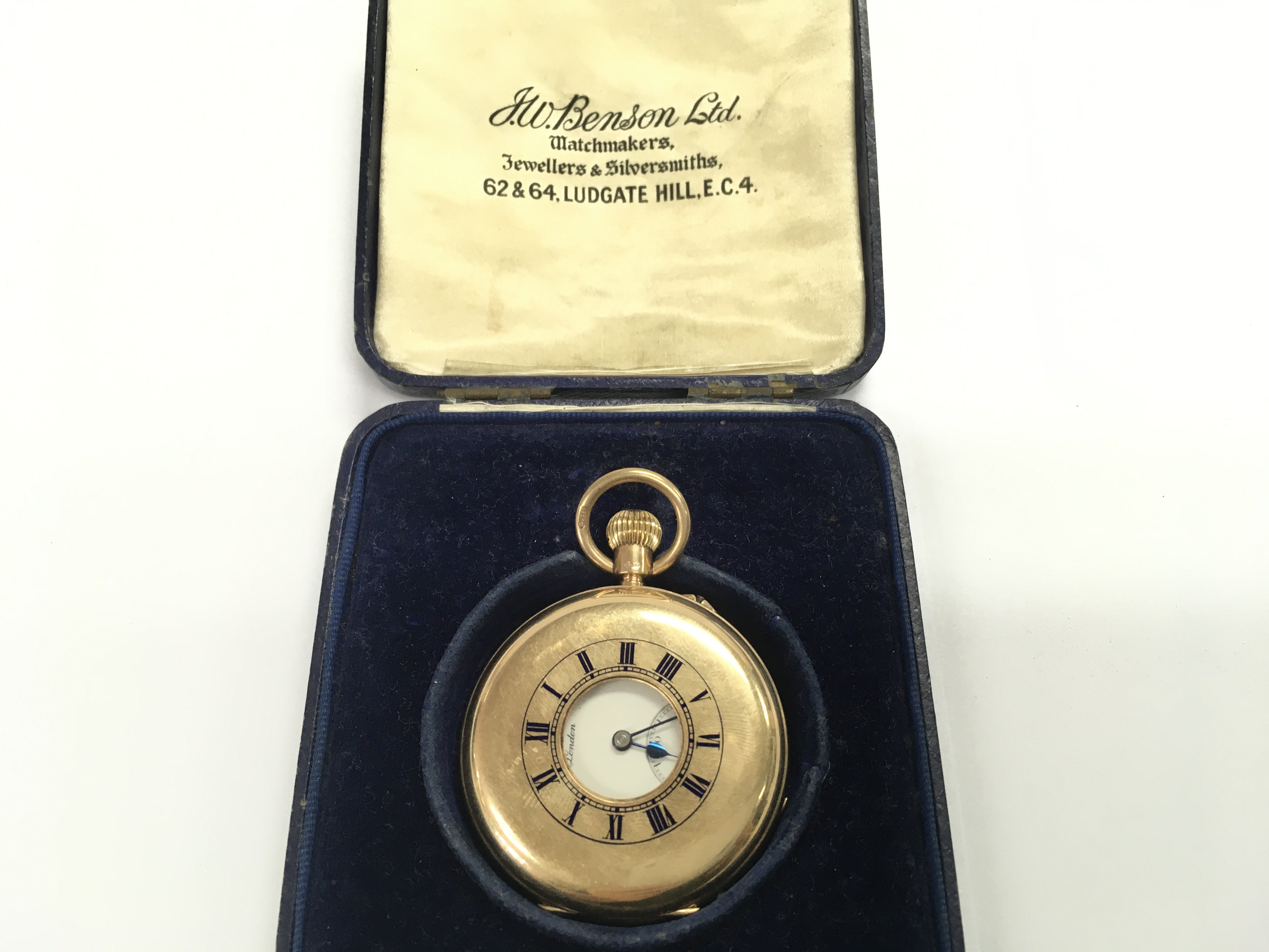 A 9ct gold half hunter pocket J W Benson. Winds and runs. Total weight 95.28gApproximately 46mm case.Postage B