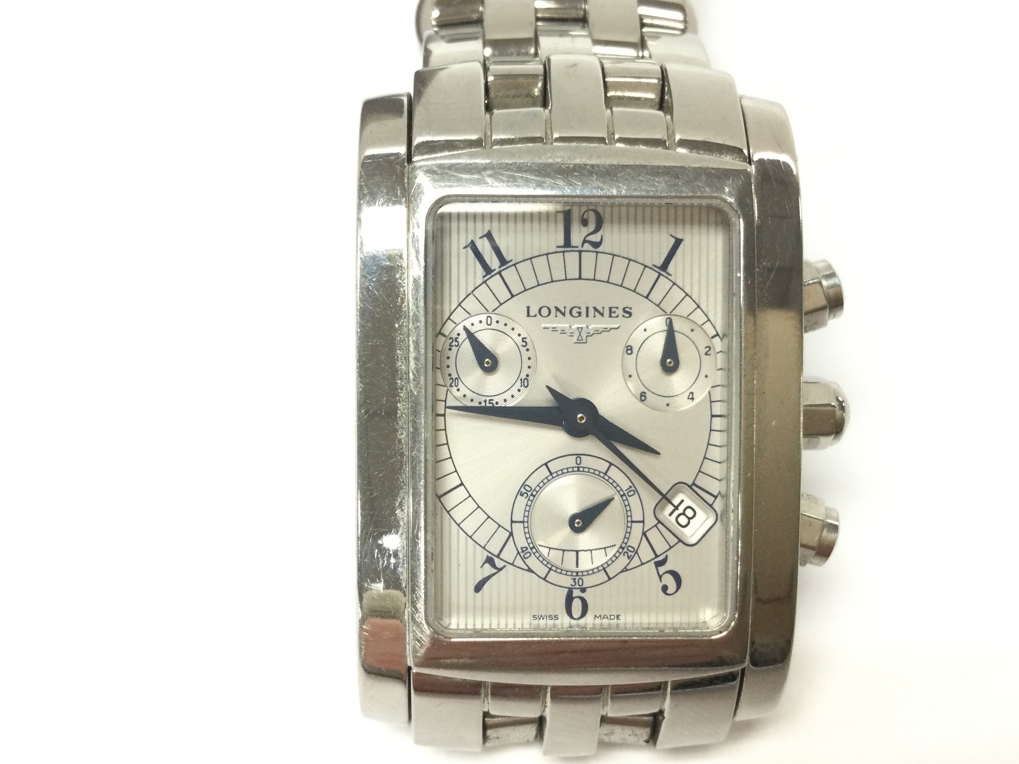 A Longines Chronograph quartz wrist watch with original movement and stainless steel case with a spare strap. Has been fully serviced by swiss watch company based in Hatton garden in 2022 Postage B