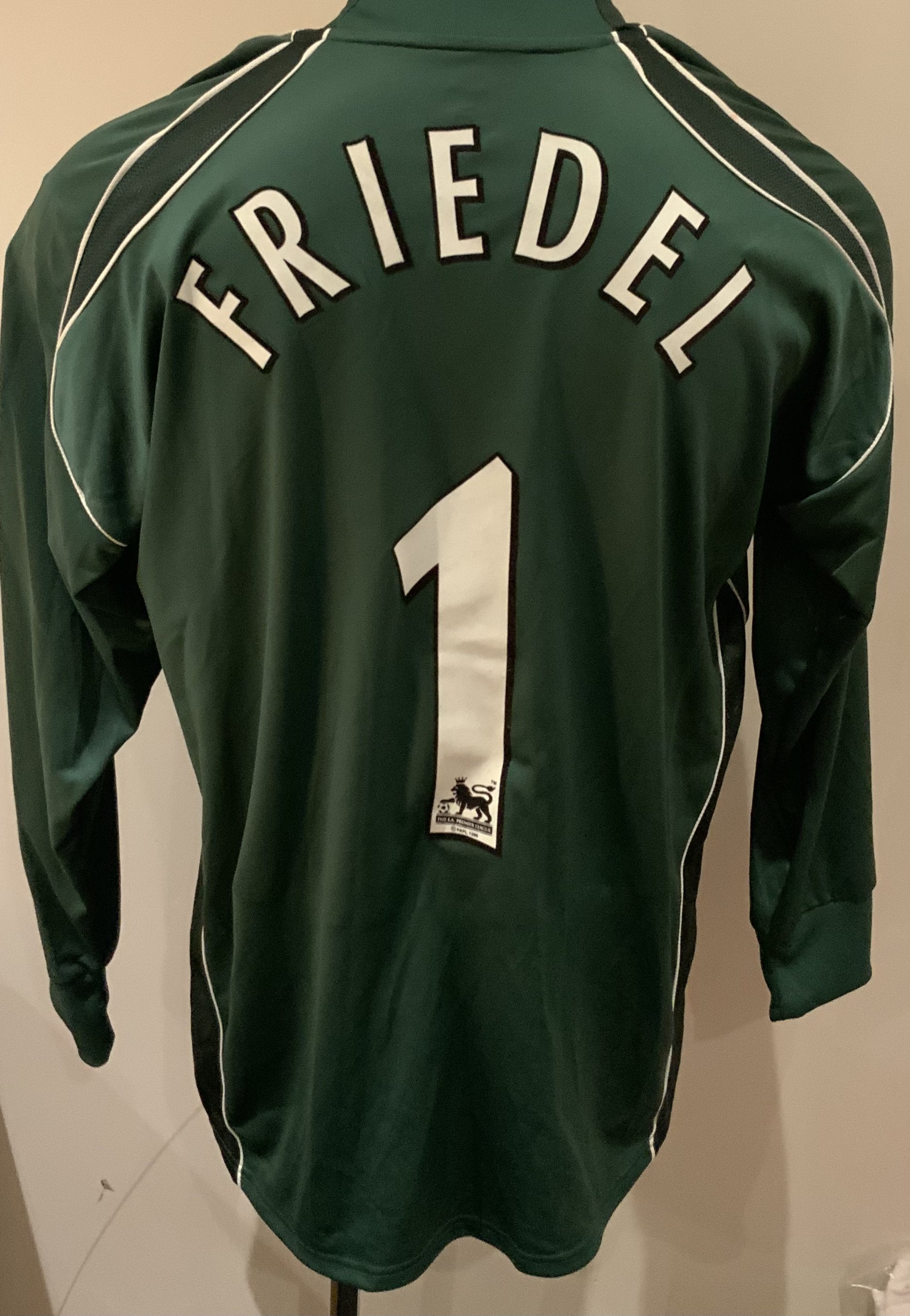 Blackburn Rovers 2005 - 2006 Match Worn Football Shirt: Green long sleeve goalkeeper shirt with Premier League badges to sleeves. Friedal 1 to rear. Worn v West Ham on 13 August 2005.  Shirt is unwashed.
