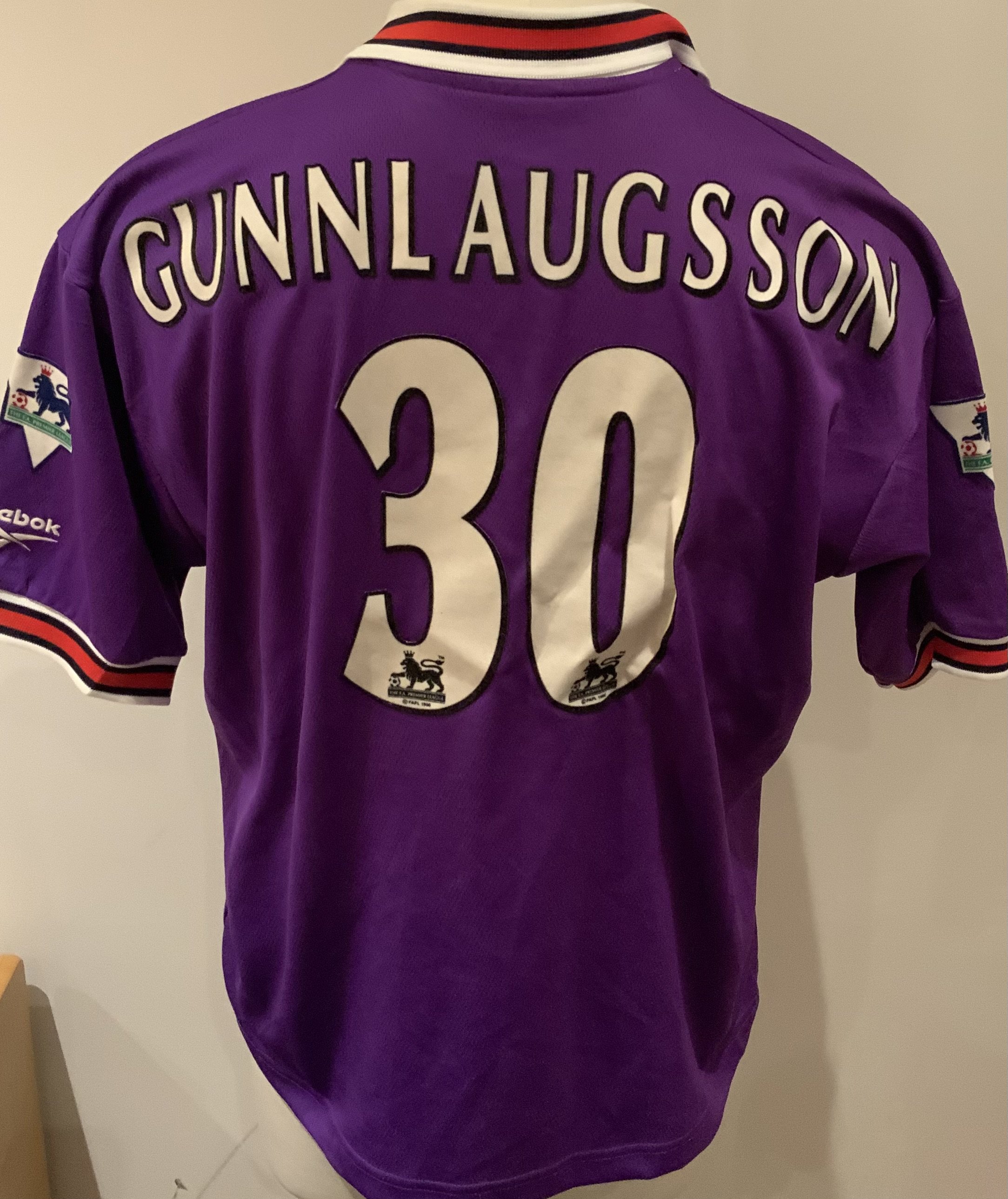 Bolton Wanderers 1997 - 1998 Match Worn Football Shirt: Purple short sleeve shirt with Premier League badges to sleeves. Gunnlaugsson 30 to rear.