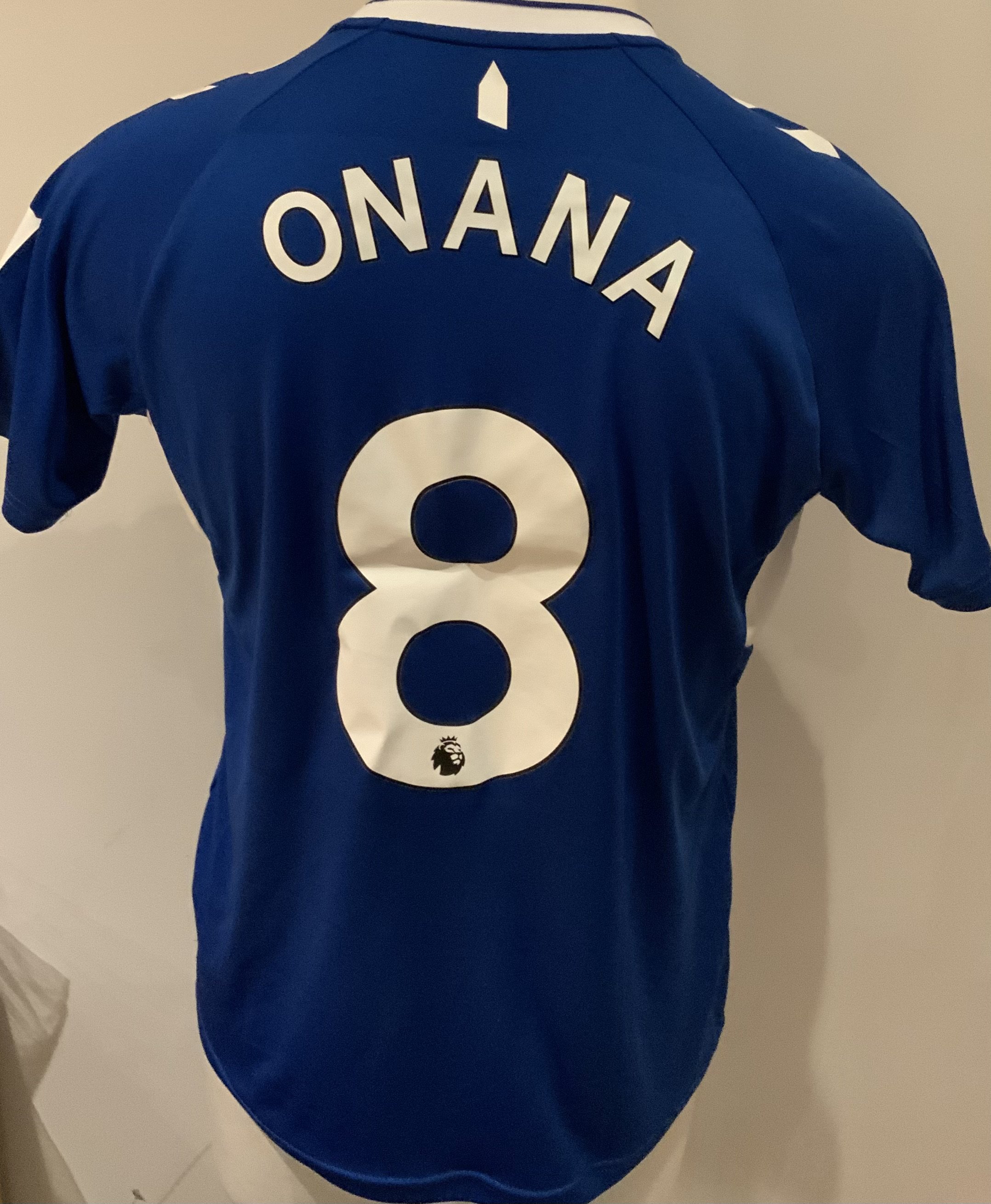 Everton 2022 - 2023 Match Worn Football Shirt: Blue short sleeve shirt with Premier League badges to sleeves. Onana 8 to rear. Worn v Tottenham on 15 October 2022. 