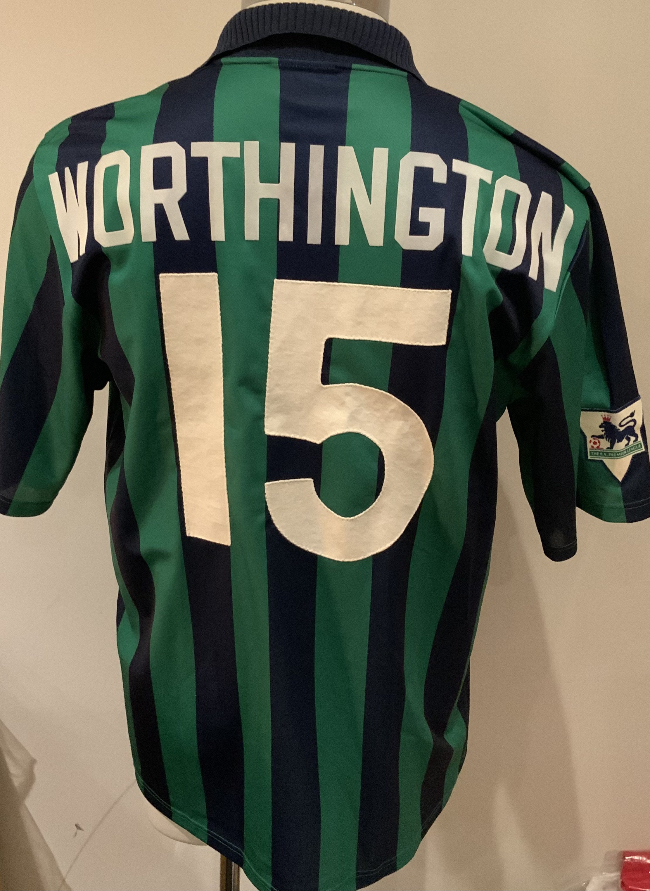 Leeds United 1995 - 1996 Match Worn Football Shirt: Blue and green short sleeve shirt with Premier League badges to sleeves. Worthington 15 to rear.