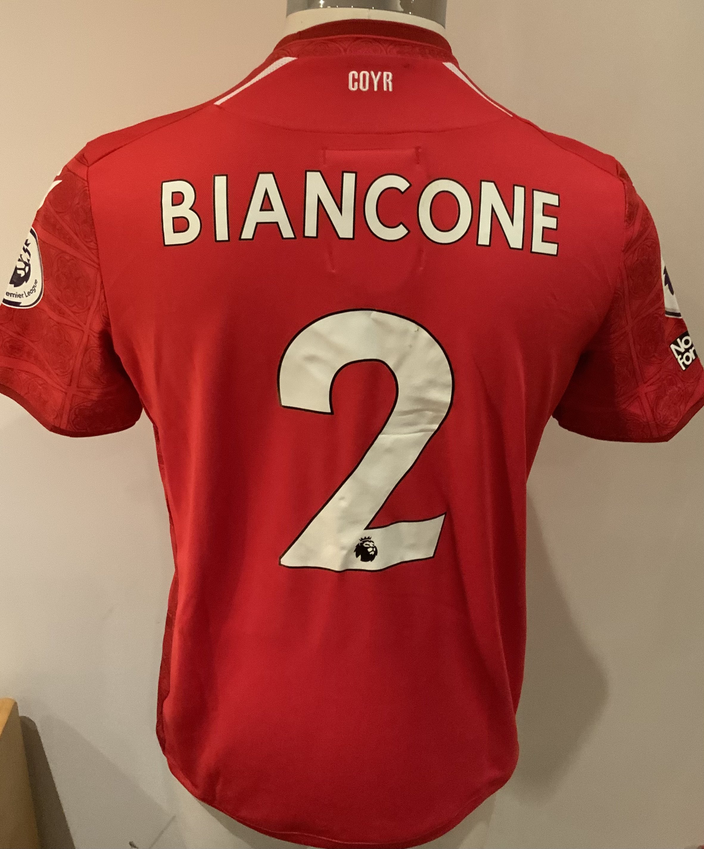 Nottingham Forest 2022 - 2023 Match Issued Football Shirt: Red short sleeve shirt with Premier League badge to sleeves. Biancone 2 to rear. Issued v Tottenham on 28 August 2022