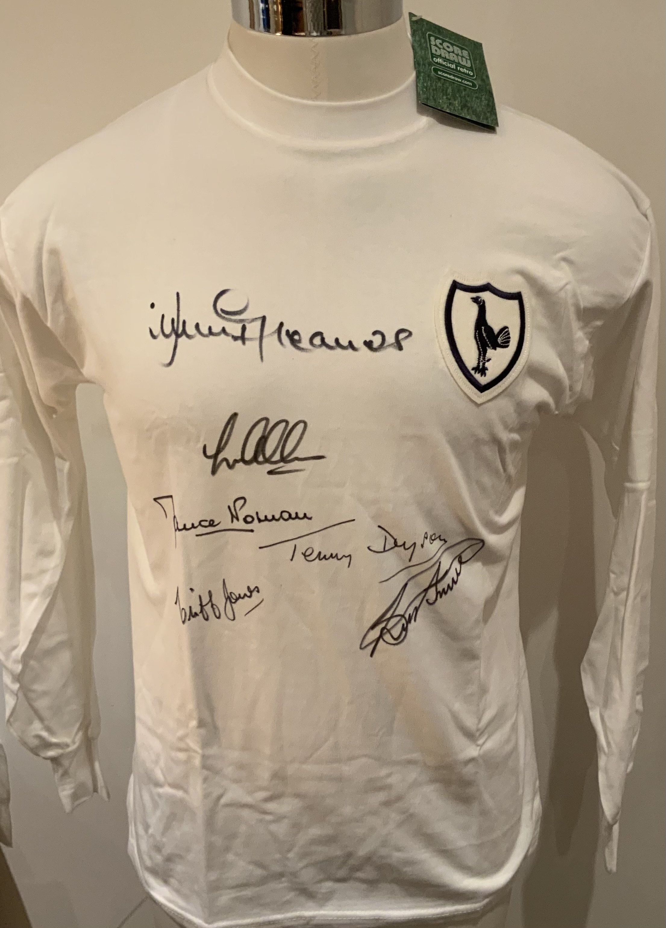 Tottenham 1963 European Cup Winners Cup Final Signed Replica Shirt: Signed to front by Allen, Greaves Norman Dyson Jones and Smith. COA from reputable source. 