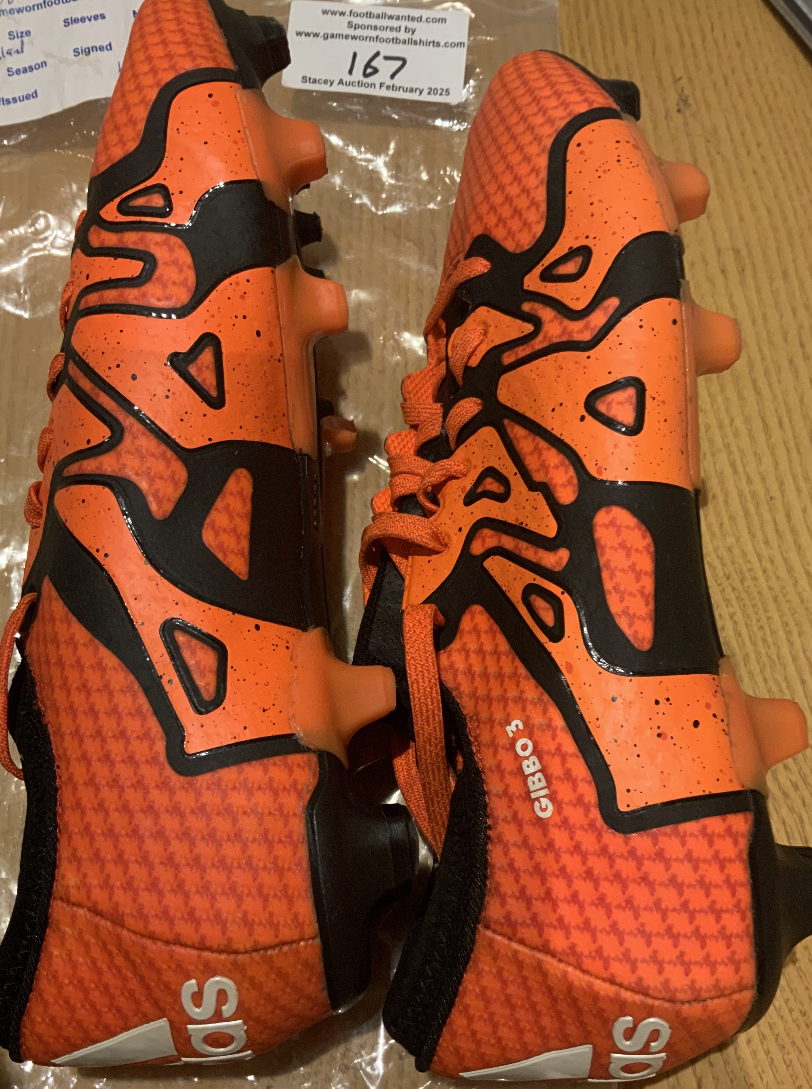 Arsenal Match Worn Kieran Gibbs Football Boots: Pair of orange Adidas boots both having Gibbo 3 transferred to side. 