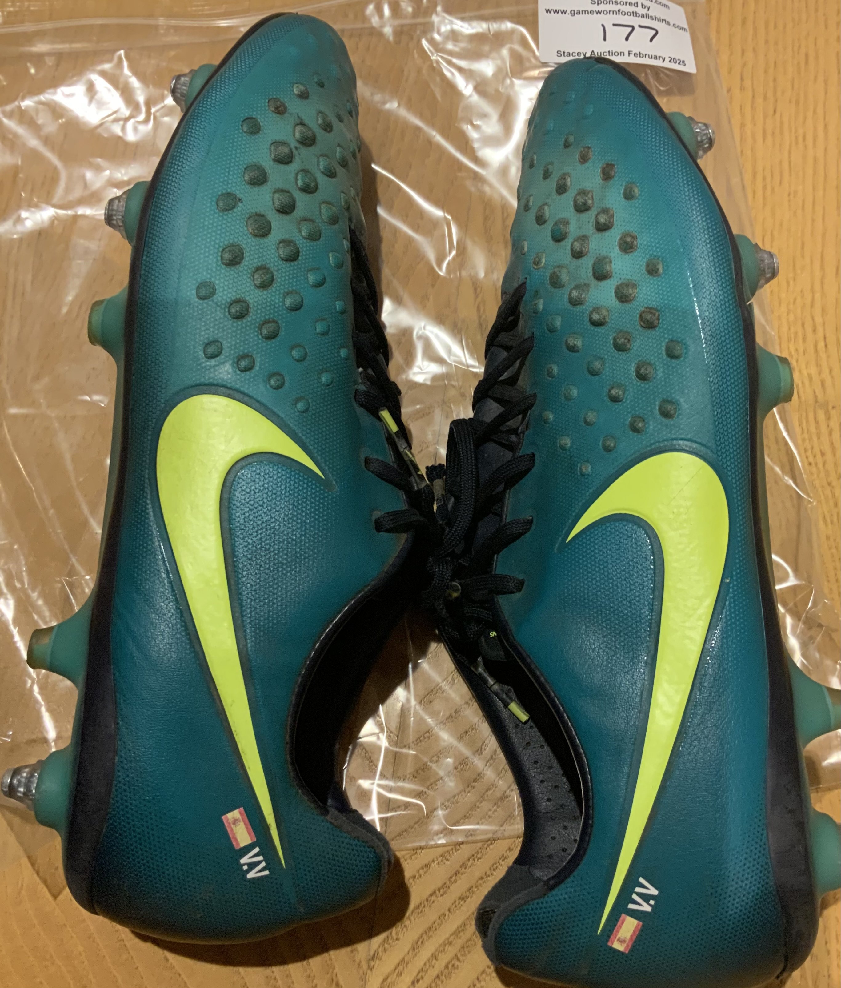 Middlesbrough + Spain Victor Valdes Match Worn Football Boots: Nike Magista. Sole of right boot is split. VV embroidered onto both boots which also have Spanish flag. 
