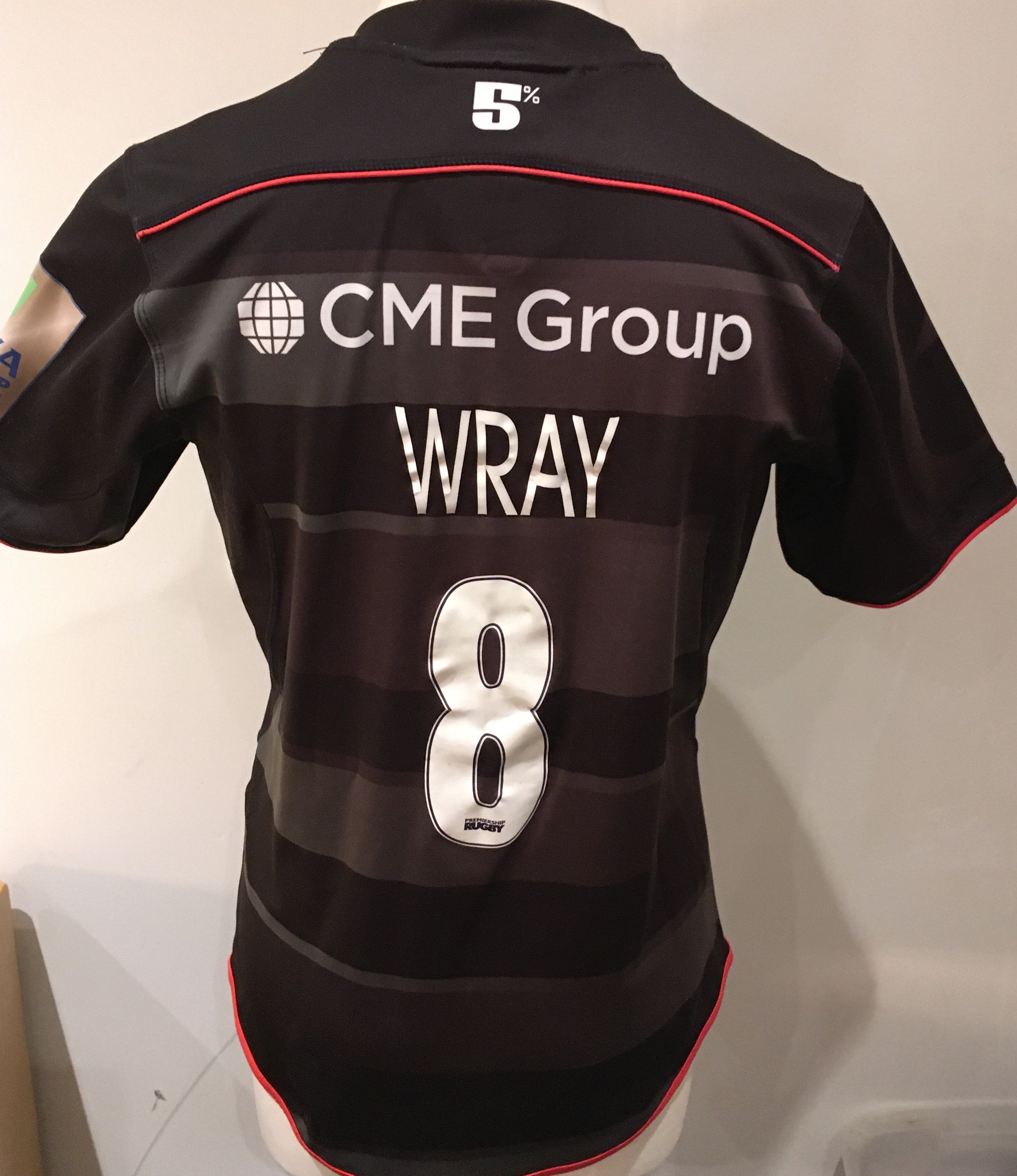Saracens 2016 - 2017 Home Match Worn Rugby Union Football Shirt: Black short sleeve BLK XL excellent condition shirt worn by Jackson Wray. Aviva Champions 2015/16 badging. GPS tracking pocket present at neck.
