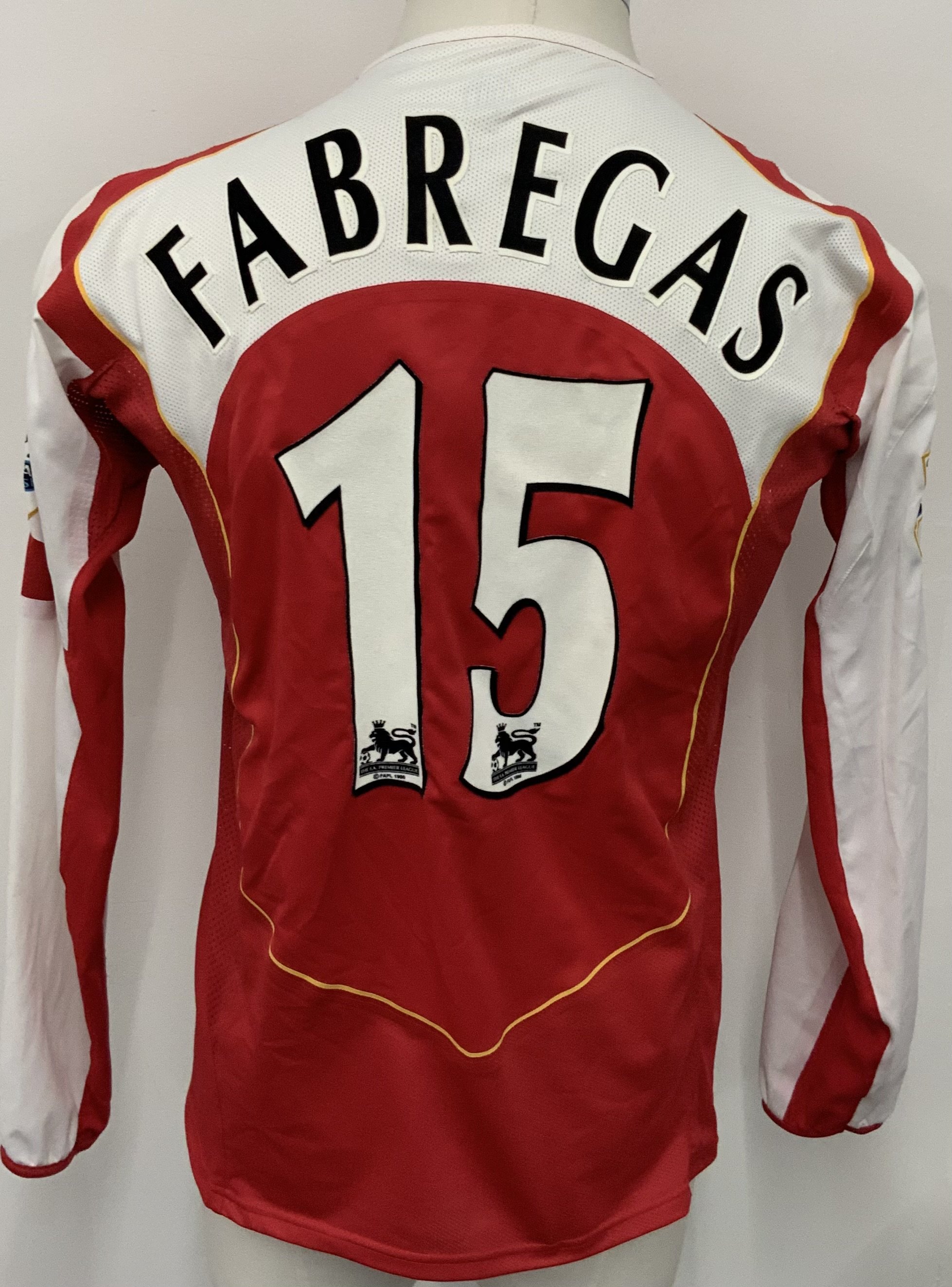 Arsenal 2004 - 2005 Home Match Worn Football Shirt: Red and white long sleeve  Nike shirt with Premier League Champions 2003 - 2004 badging to sleeves. Fabregas 15 to rear.
