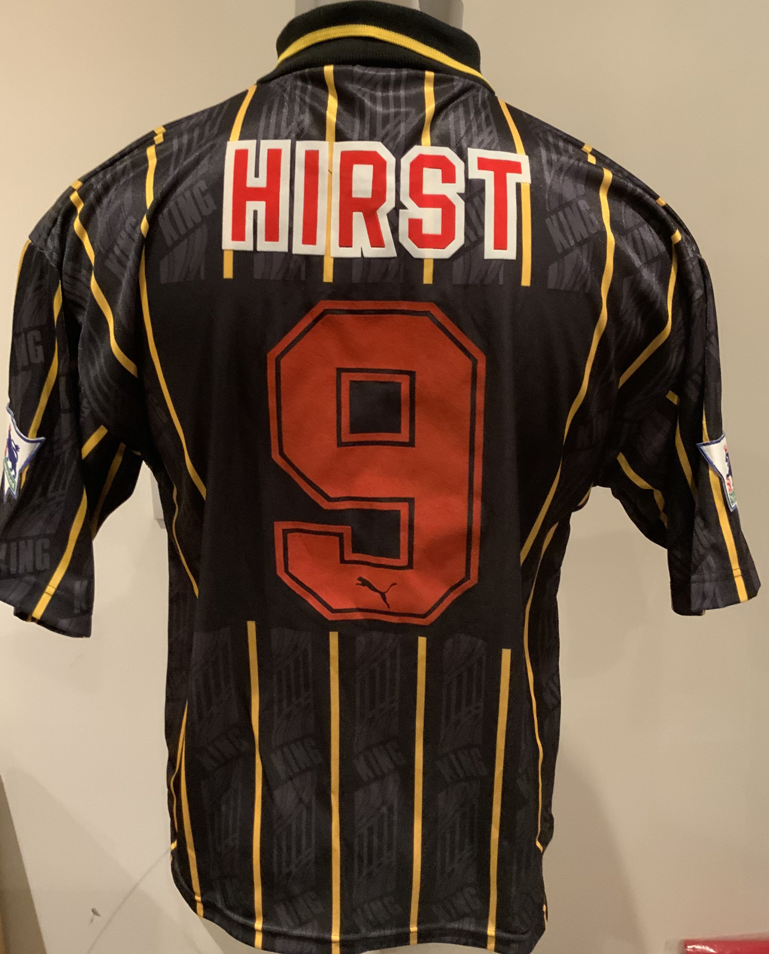 Sheffield Wednesday 1993 - 1994 Match Worn Football Shirt: Black with thin yellow stripes short sleeve Puma shirt with Premier League badging to sleeves. Hirst 9 to rear. 