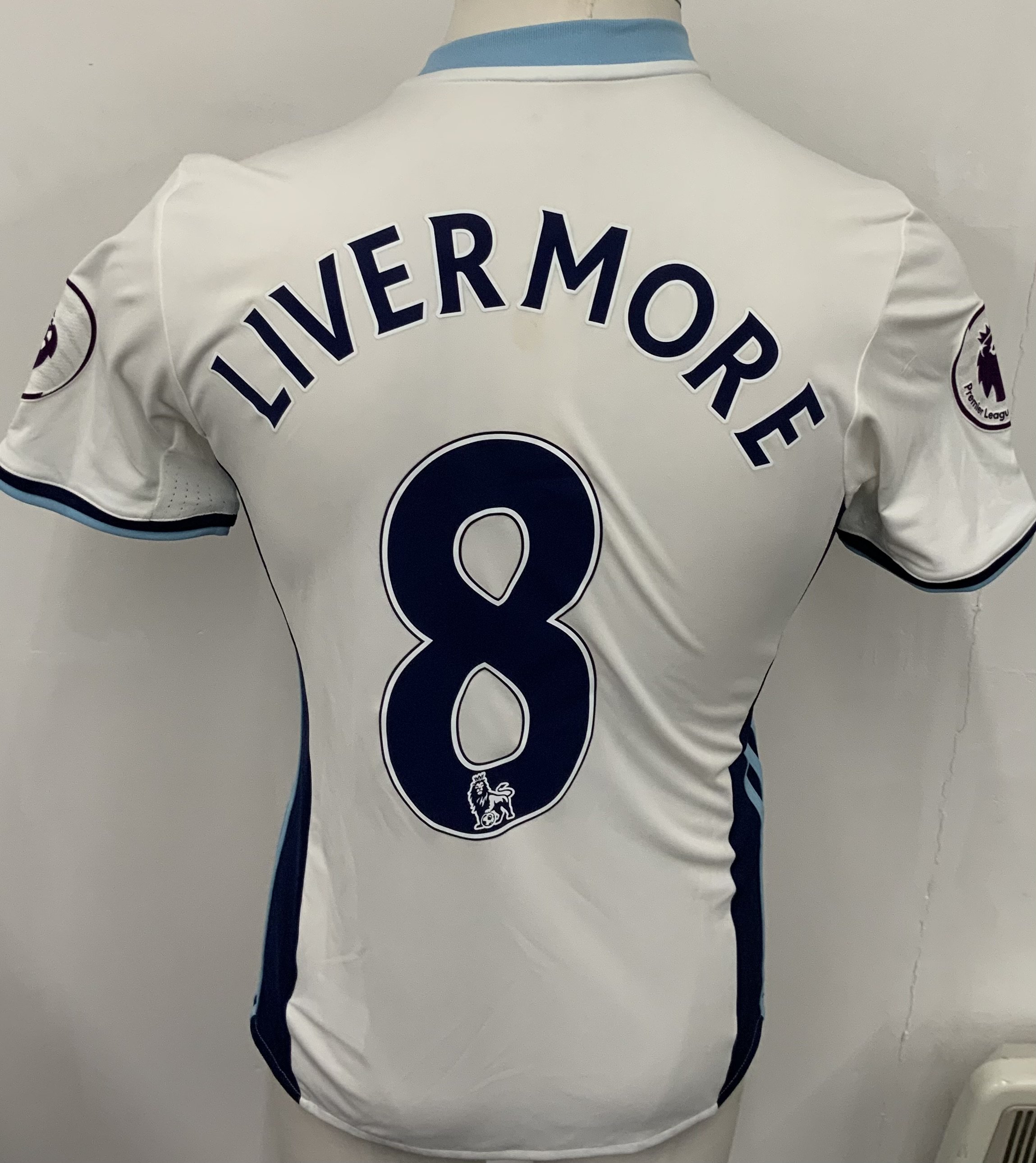 West Brom 2016 - 2017 Match Worn Football Shirt: Blue and white short sleeve shirt with Premier League badging to sleeves. Livermore 8 to rear. Worn v Crystal Palace on 4 March 2017.