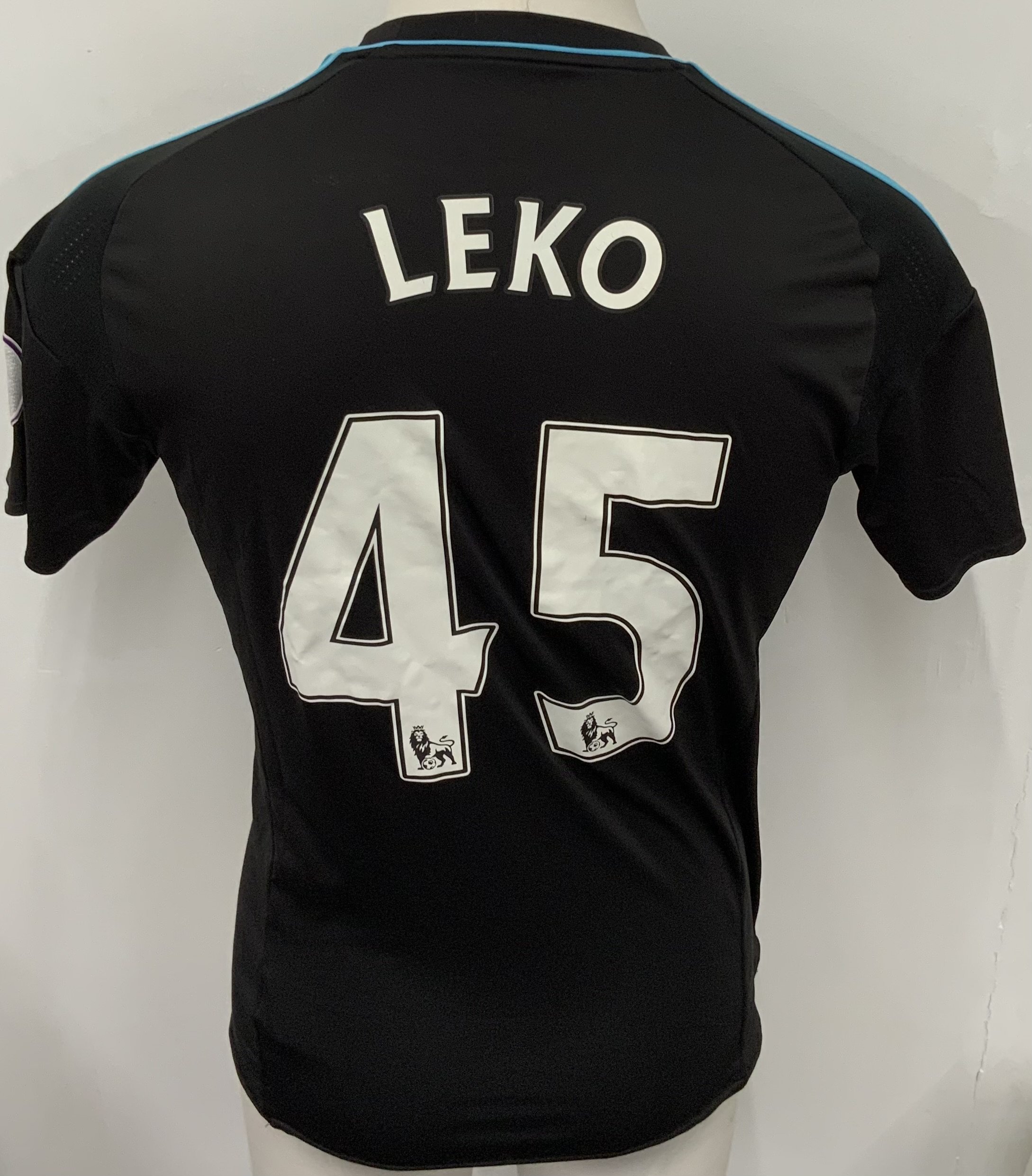 West Brom 2016 - 2017 Match Worn Football Shirt: Black and blue pin striped  short sleeve shirt with Premier League badging to sleeves. Leko 45 to rear. 