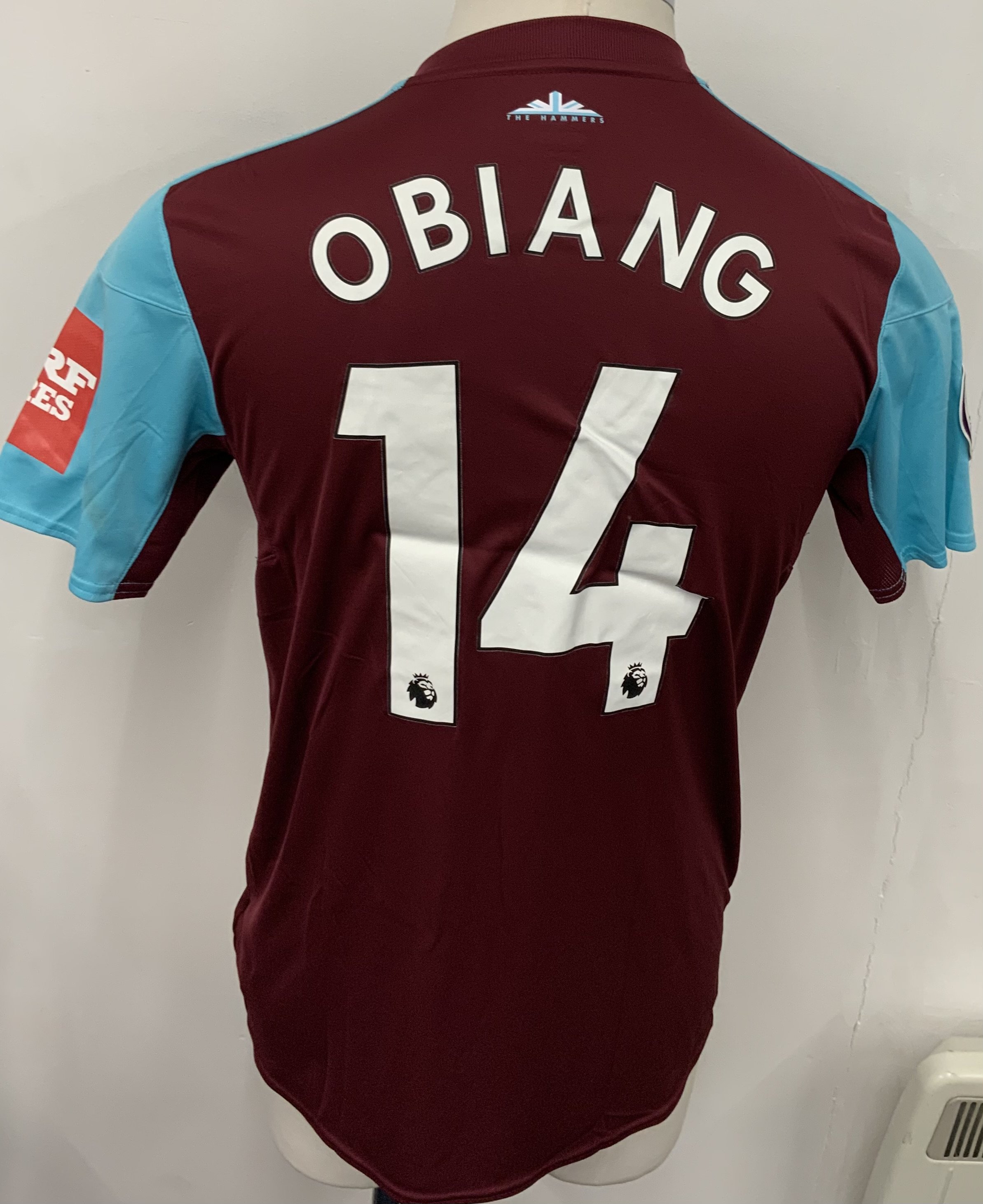 West Ham 2017 - 2018 Match Worn Football Shirt: Claret and blue short sleeve shirt with Premier League and MRF badging to sleeves. Obiang 14 to rear
