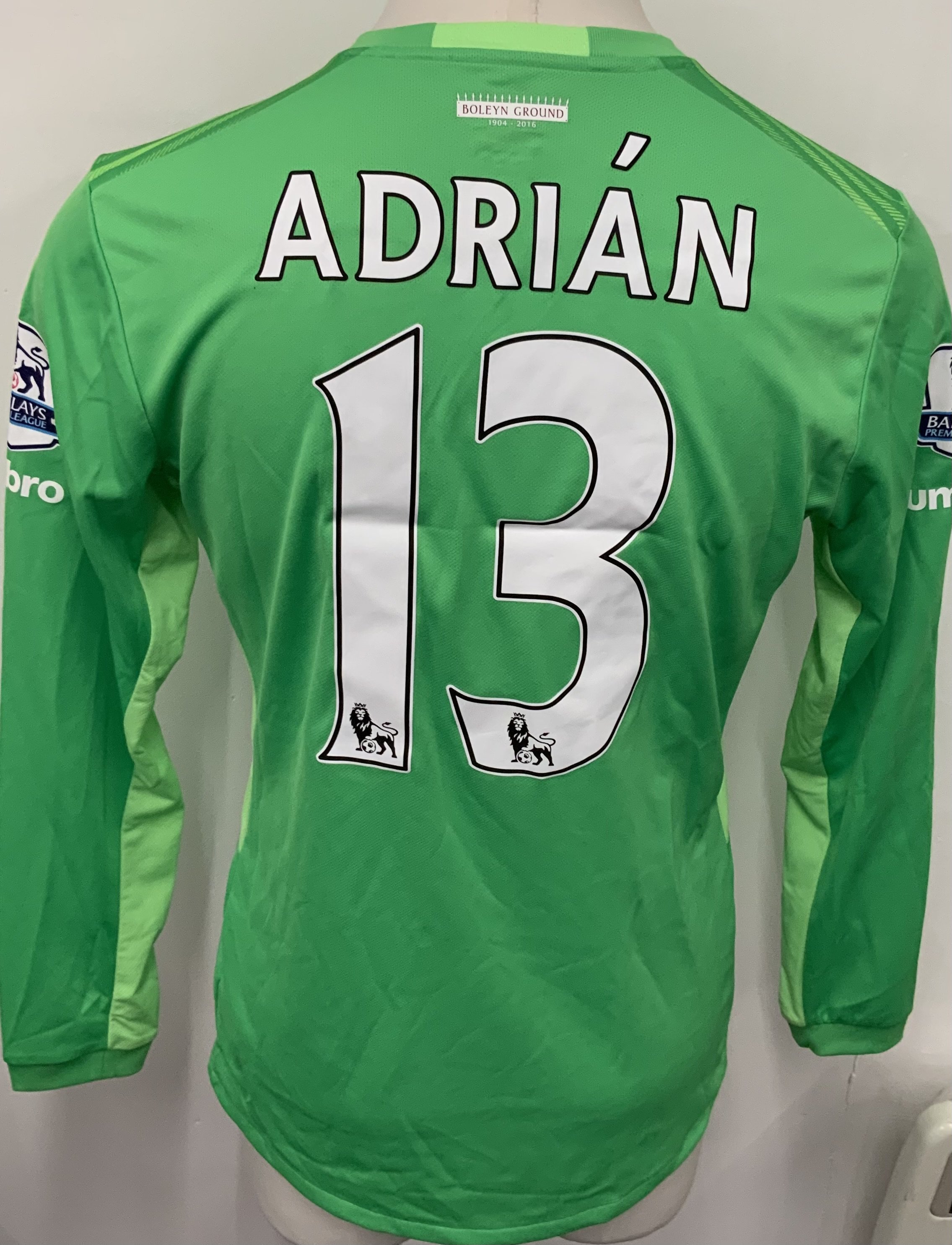 West Ham 2015 - 2016 Match Worn Football Shirt: Green goalkeepers long sleeve Poppy shirt with Premier League badging to sleeves. Adrian 13 to rear. Worn v Everton on 7 November 2015.