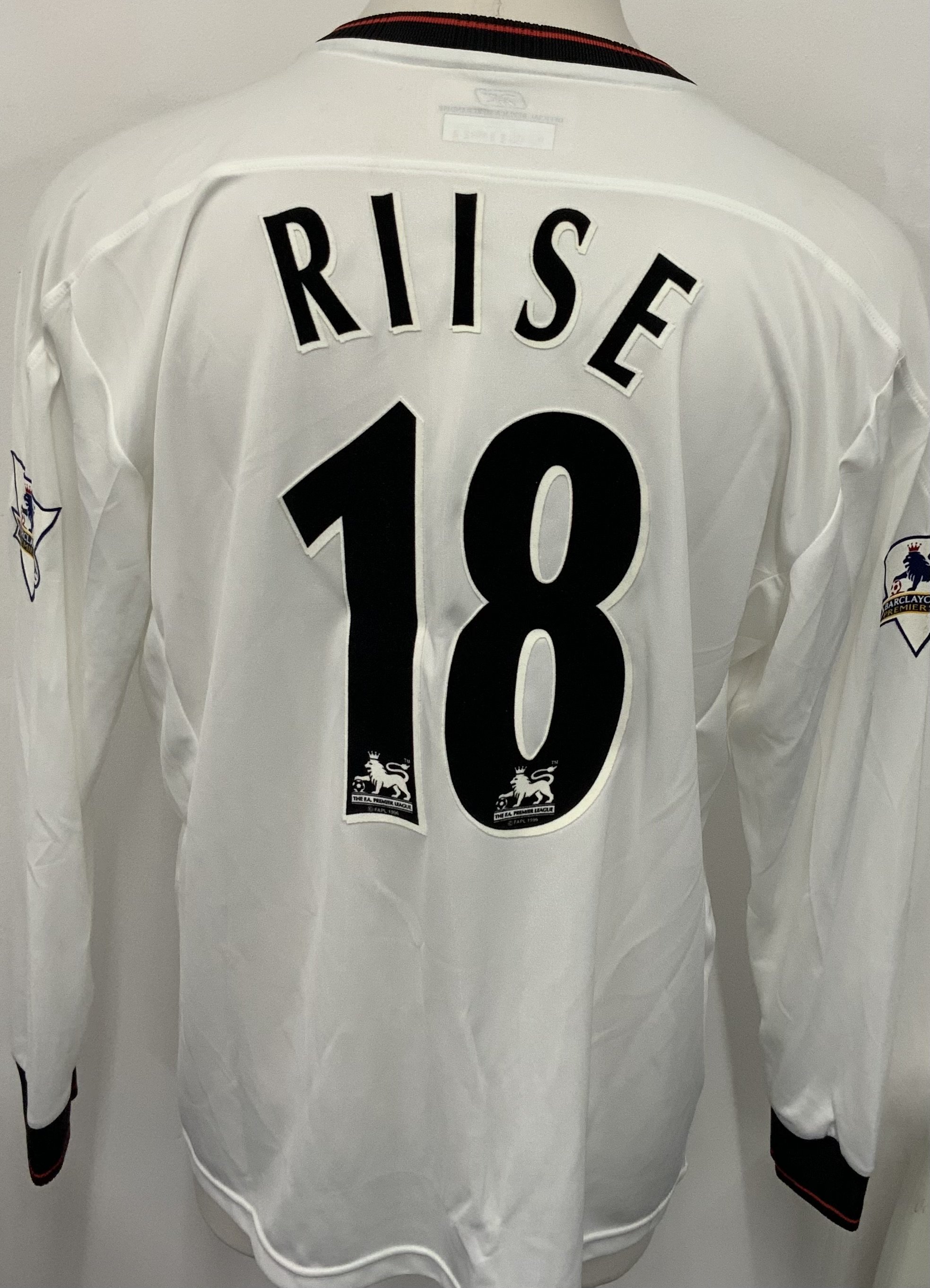 Liverpool 2003 - 2004 Match Worn Football Shirt: White long sleeve shirt with Premier League badging to sleeves. Riise 18 to rear. 
