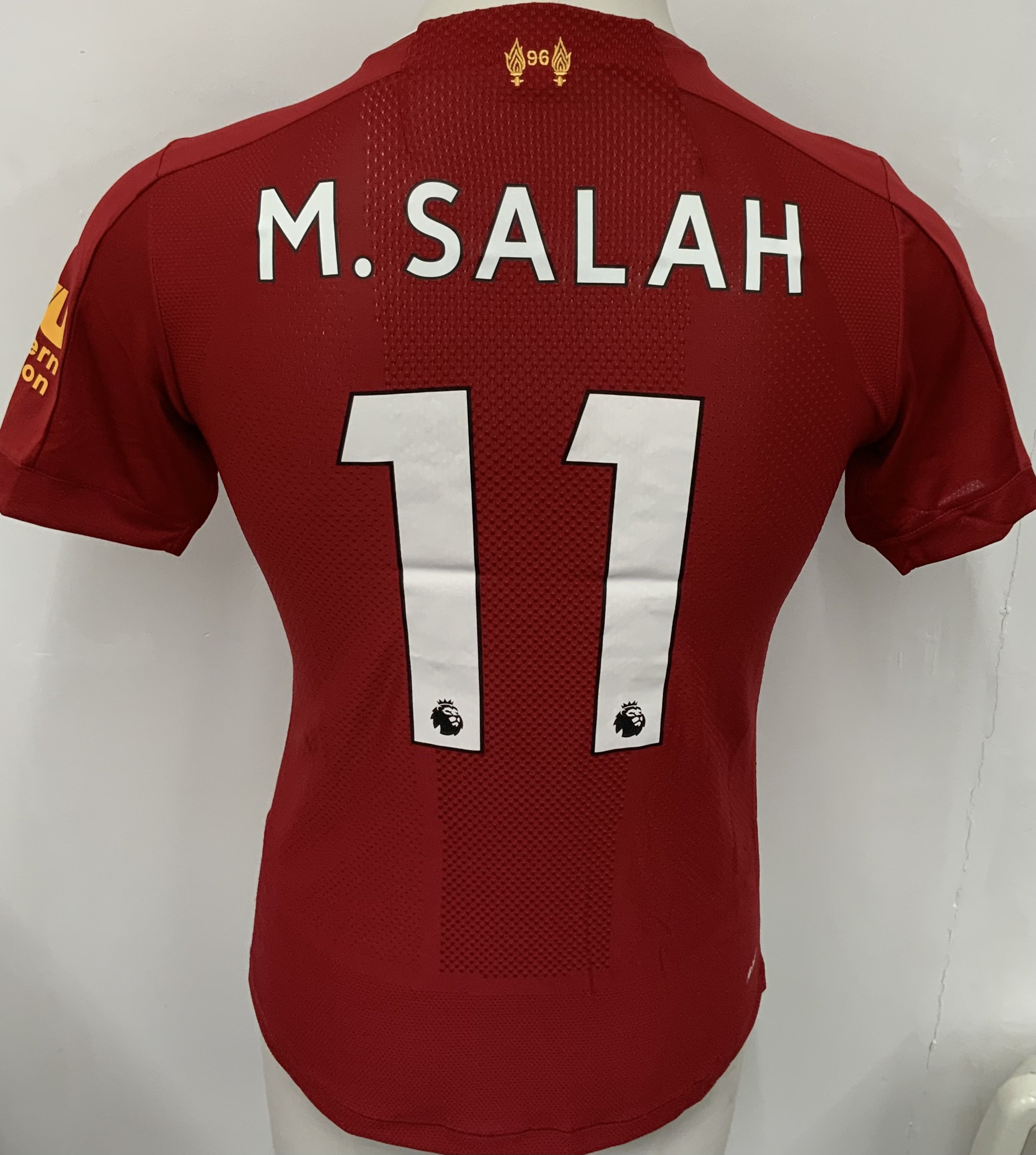 Liverpool 2019 - 2020 Match Worn Salah Football Shirt: Red short sleeve shirt with Black Lives Matter badge to sleeves and NHS heart logo to front. Salah 11 to rear. 