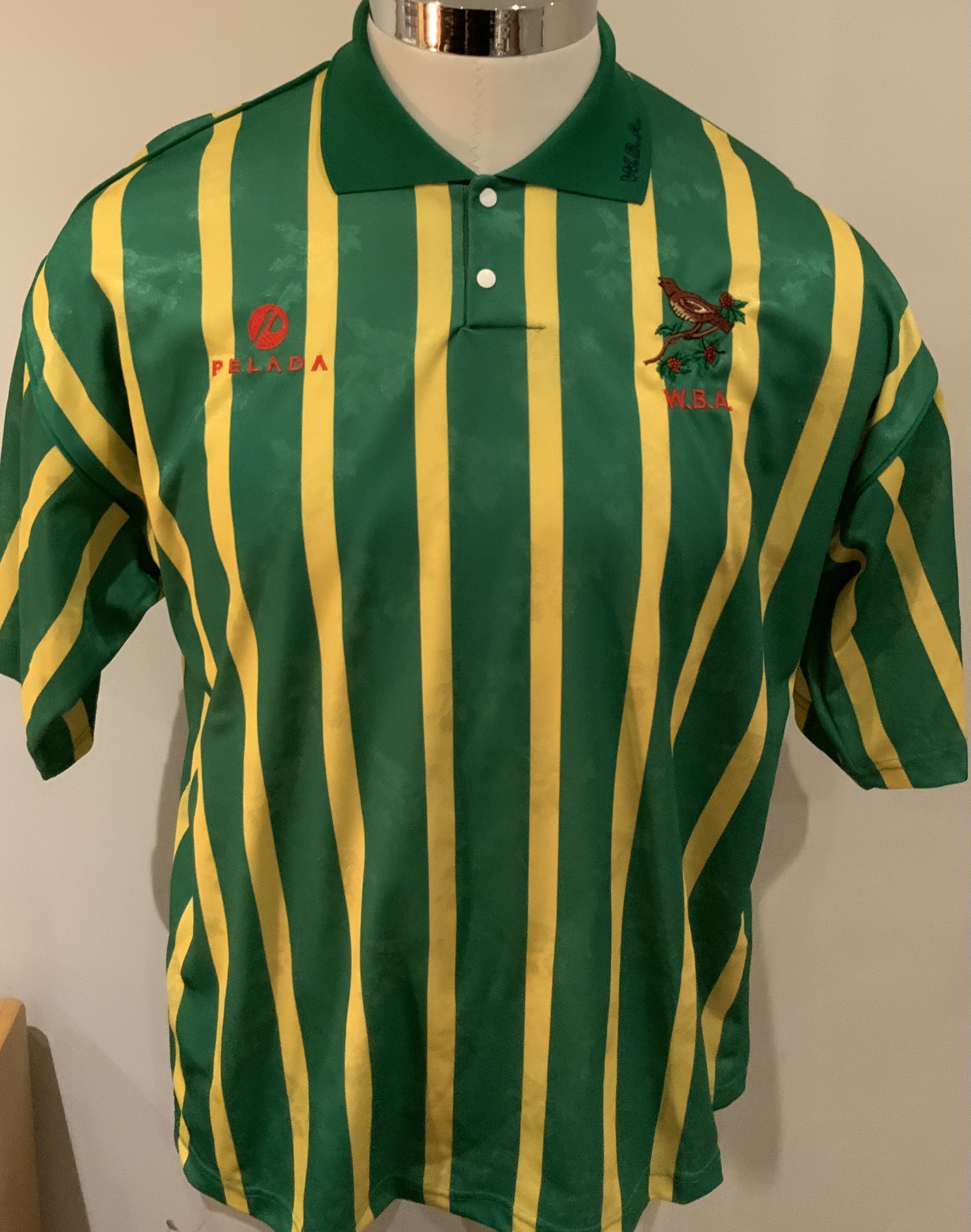 West Brom 1993 - 1994 Match Worn Football Shirt: Green and yellow short sleeve shirt with Football League badges to sleeves. Number 14 to rear. 