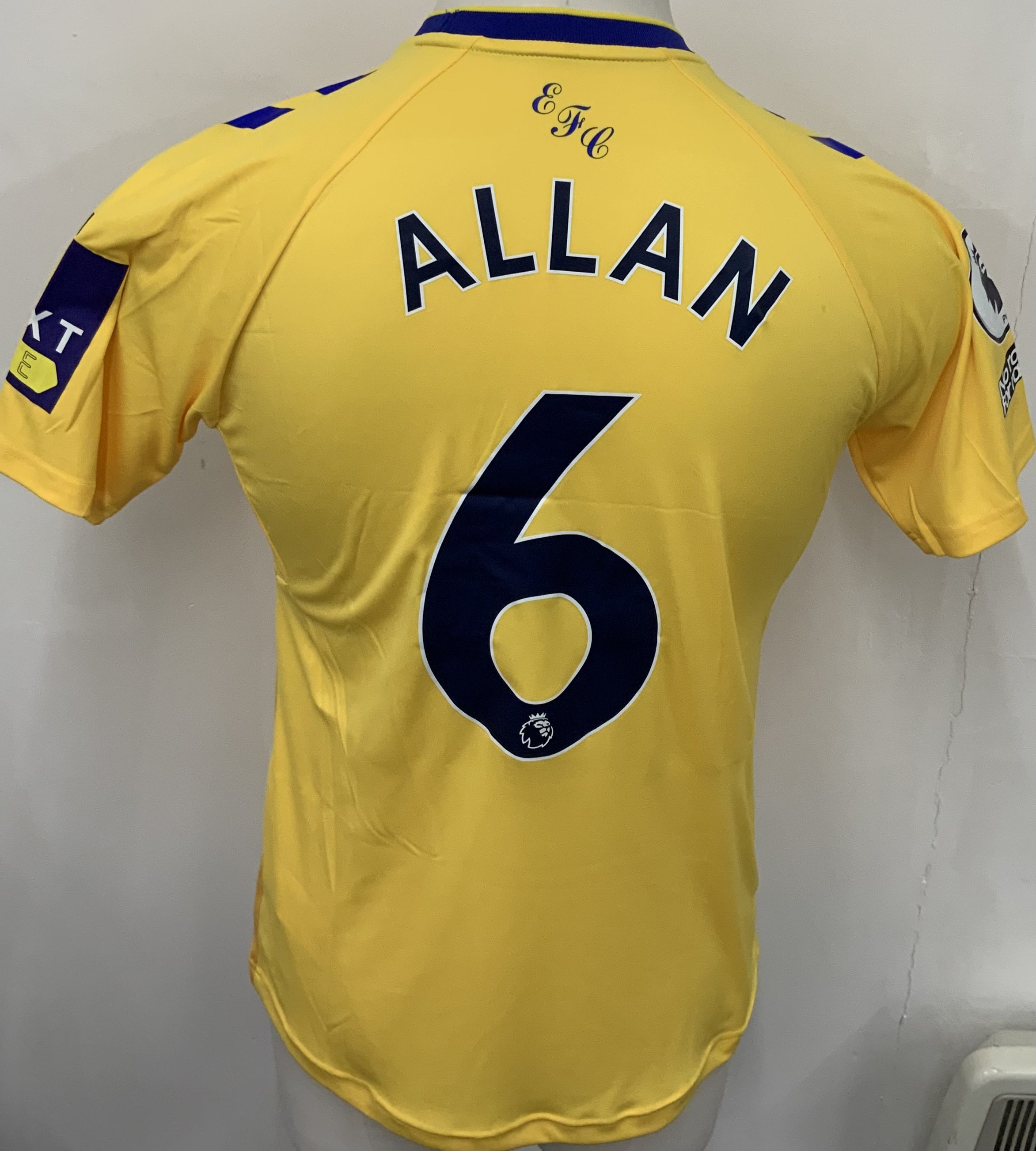 Everton 2022 - 2023 Match Issued Football Shirt: Yellow short sleeve shirt with Premier League badging to sleeves. Allan 6 to rear. 