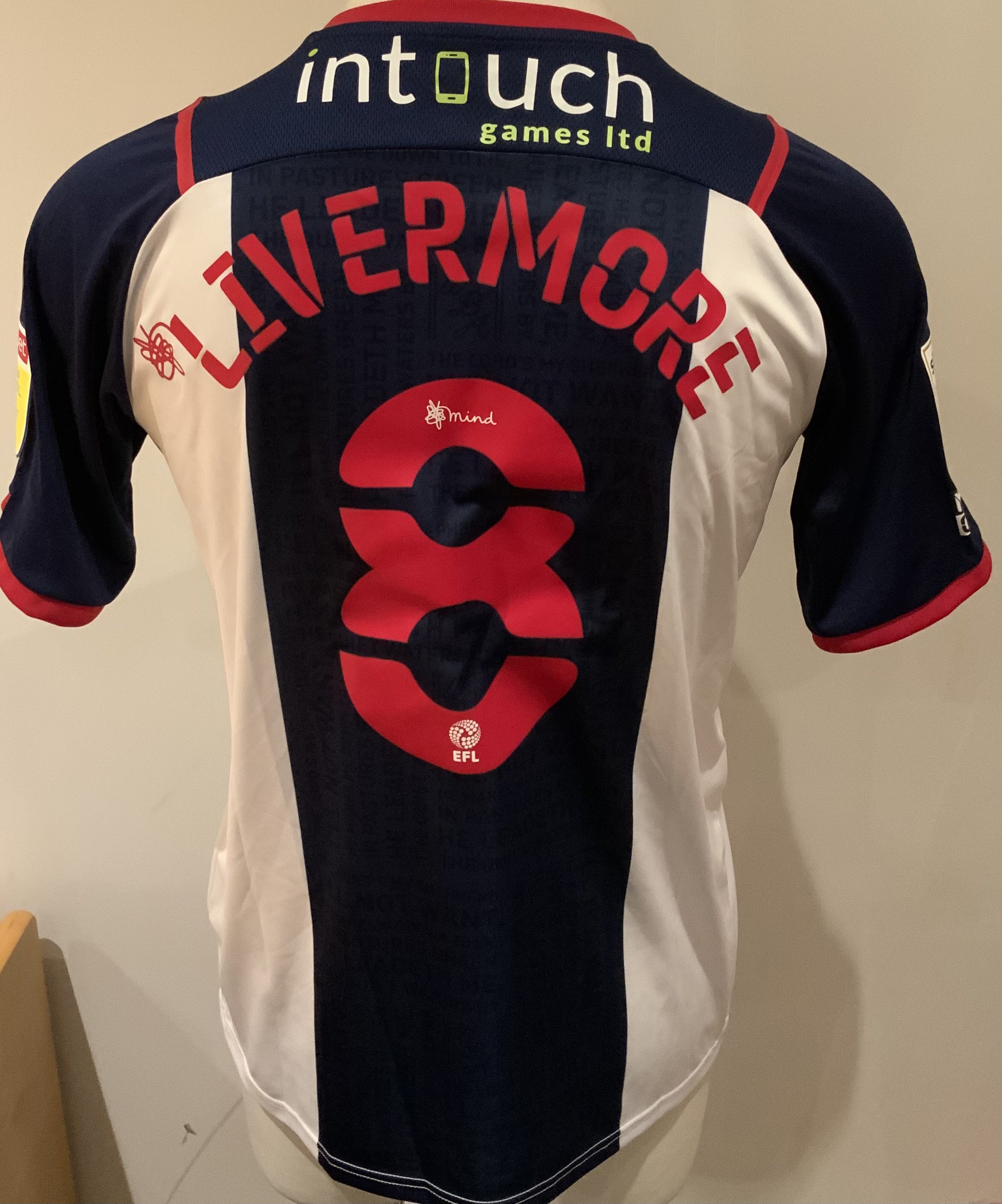 West Brom 2021 - 2022 Match Worn Football Shirt: Blue and white short sleeve shirt with Sky Bet EFL badges to sleeves. Livermore 8 to rear. 