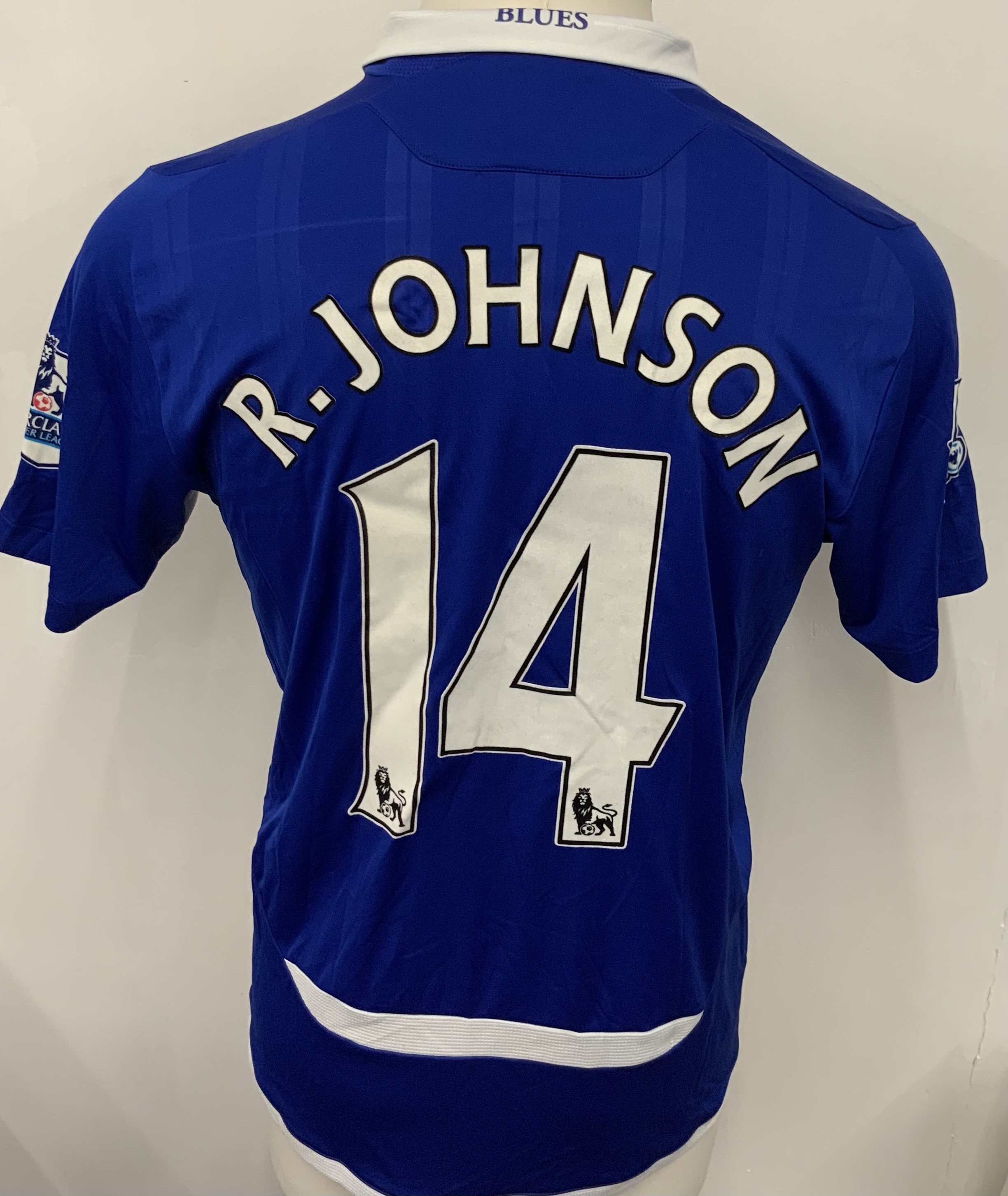 Birmingham City 2009 - 2010 Match Worn Football Shirt: Blue short sleeve shirt. Number 14 Johnson. Premier League badging. 