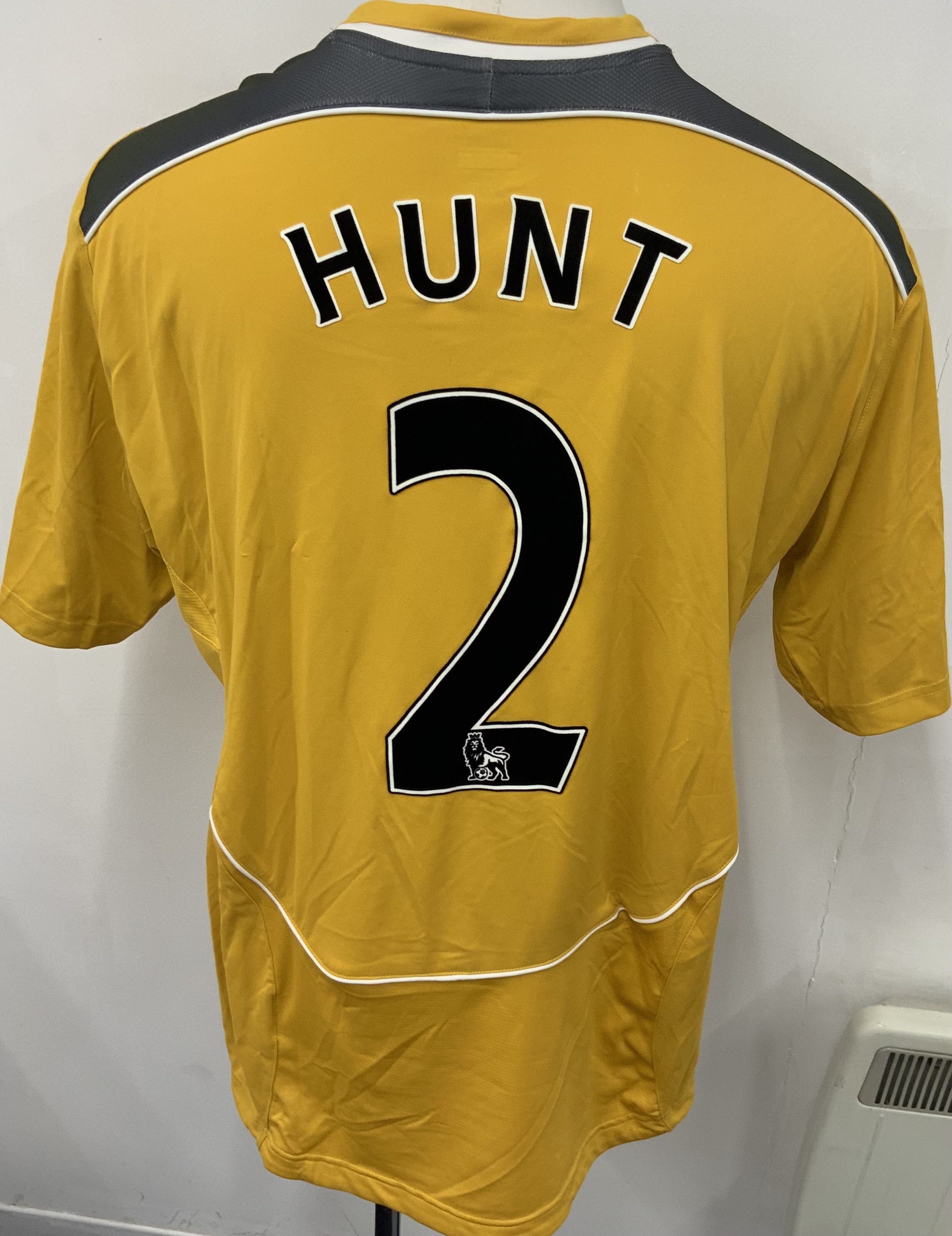 Bolton Wanderers 2008 - 2009 Match Worn Football Shirt: Mustard short sleeve  shirt. Number 2 Hunt. Premier League badging. 