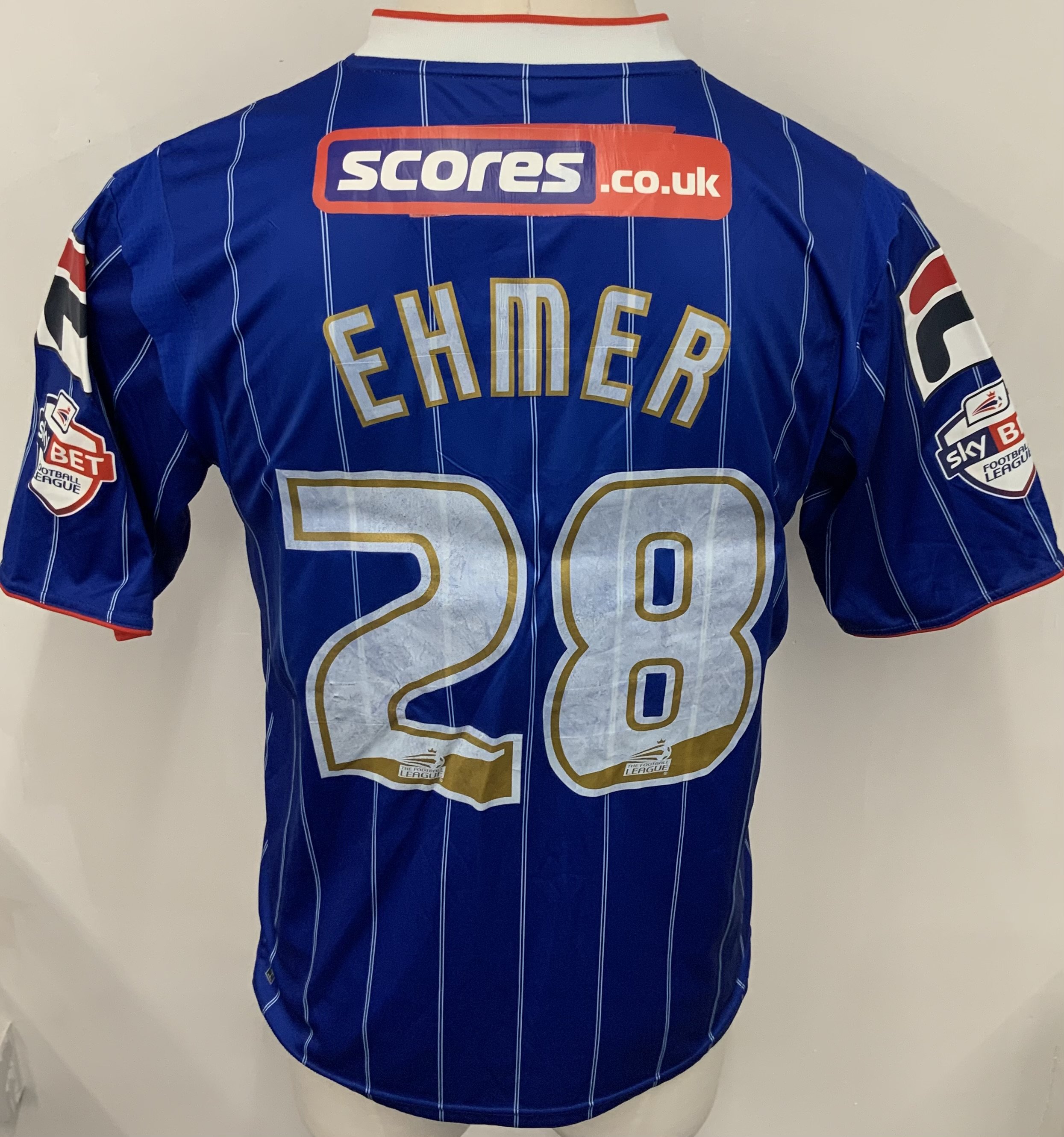 Carlisle United 2013 - 2014 Match Worn Football Shirt: Blue short sleeve shirt. Number 28 Ehmer. Sky Bet League badging. 