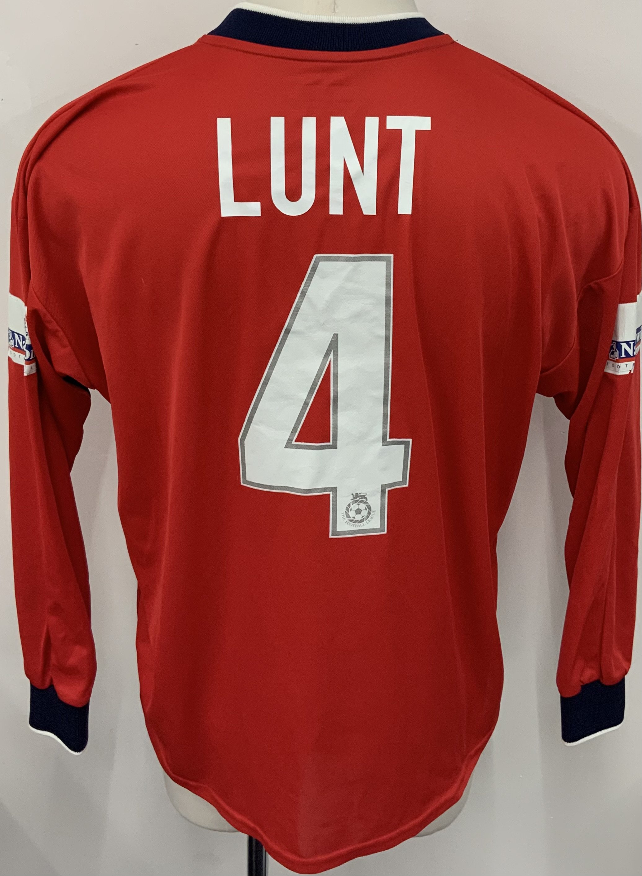 Crewe Alexandra 2000 - 2001 Match Worn Football Shirt: Red long sleeve shirt. Number 4 Lunt. Nationwide League One badging which has split.