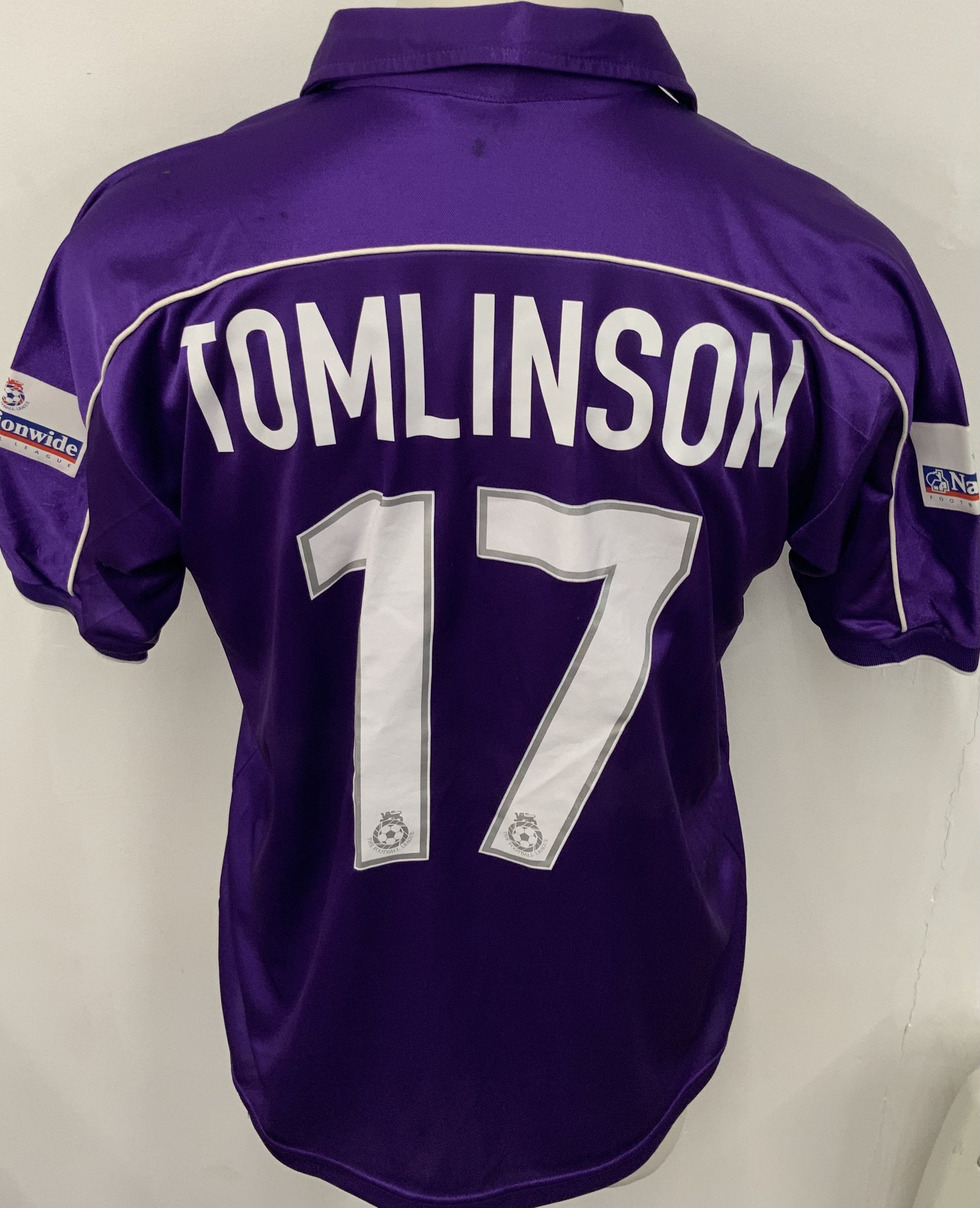 Exeter City 2000 - 2001 Match Worn Football Shirt: Purple short sleeve shirt. Number 17 Tomlinson. Nationwide League badging. 