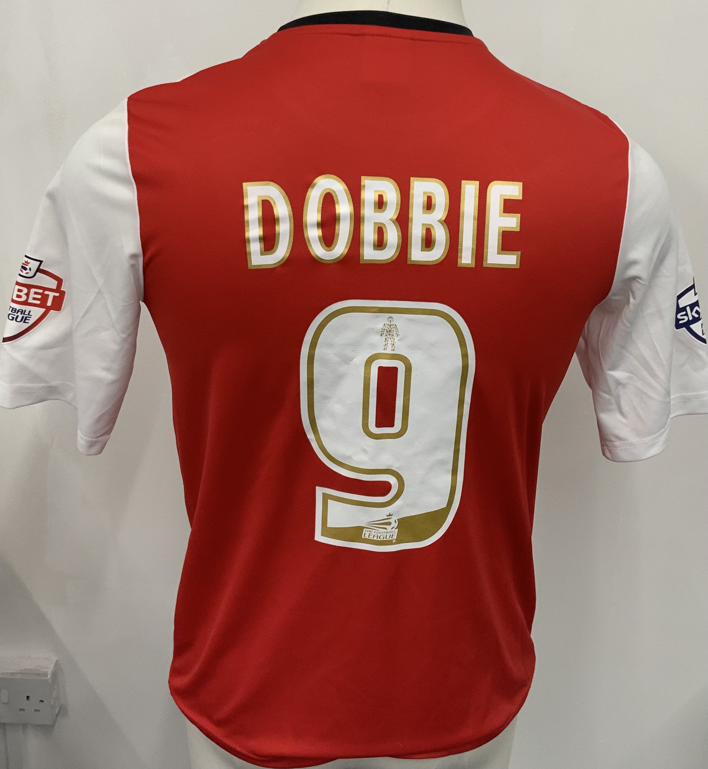 Fleetwood Town 2014 - 2015 Match Worn Football Shirt: Red and white short sleeve shirt. Number 9 Dobbie. Sky Bet League badging. 