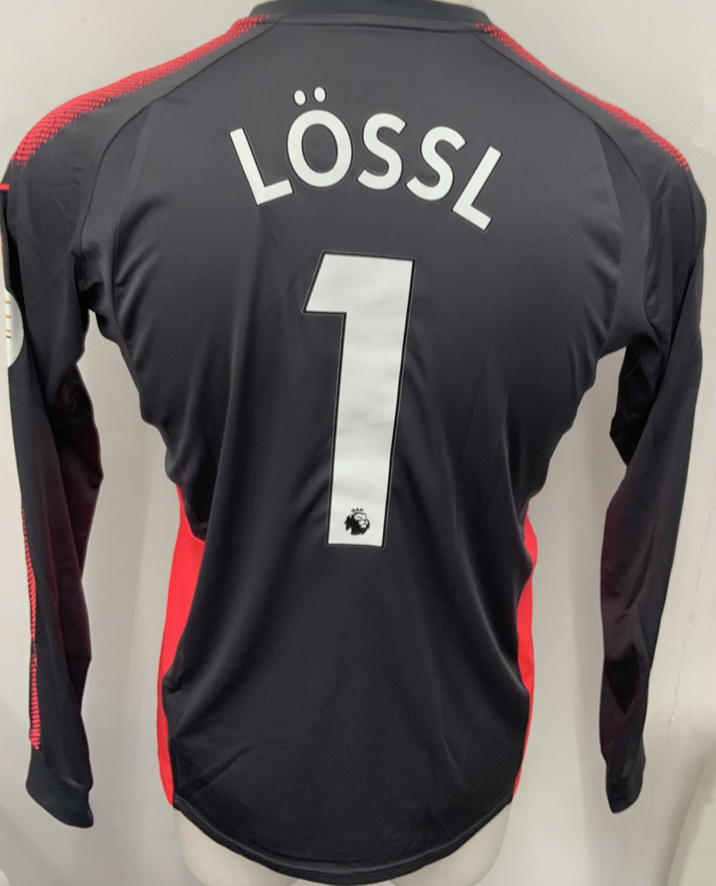 Huddersfield 2017 - 2018 Match Worn Football Shirt: Grey long sleeve goalkeeper shirt. Number 1 Lossl. Premier League badging. 