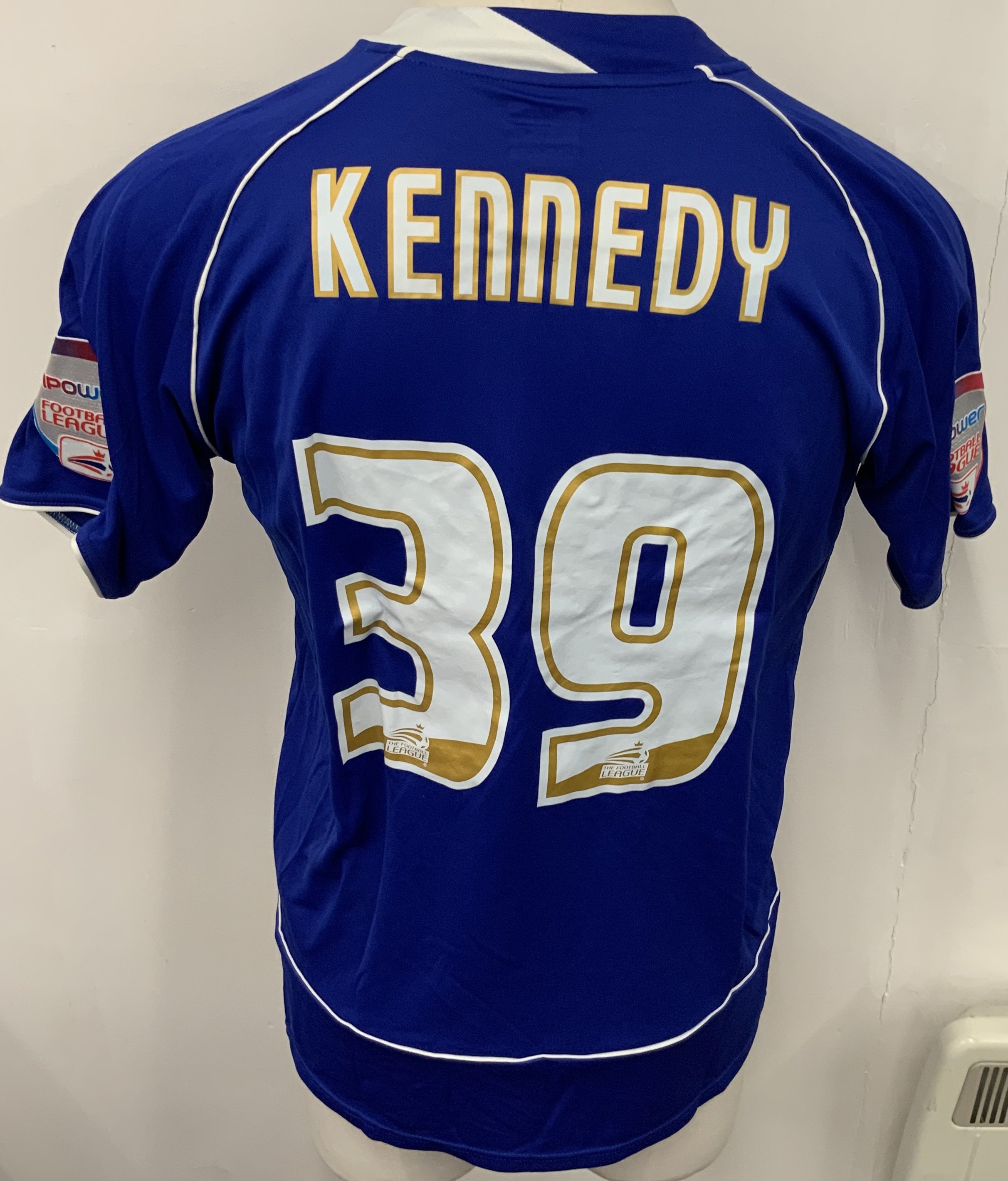 Ipswich Town 2010 - 2011 Match Worn Football Shirt: Blue short sleeve shirt. Number 39 Kennedy. Premier League badging. 
