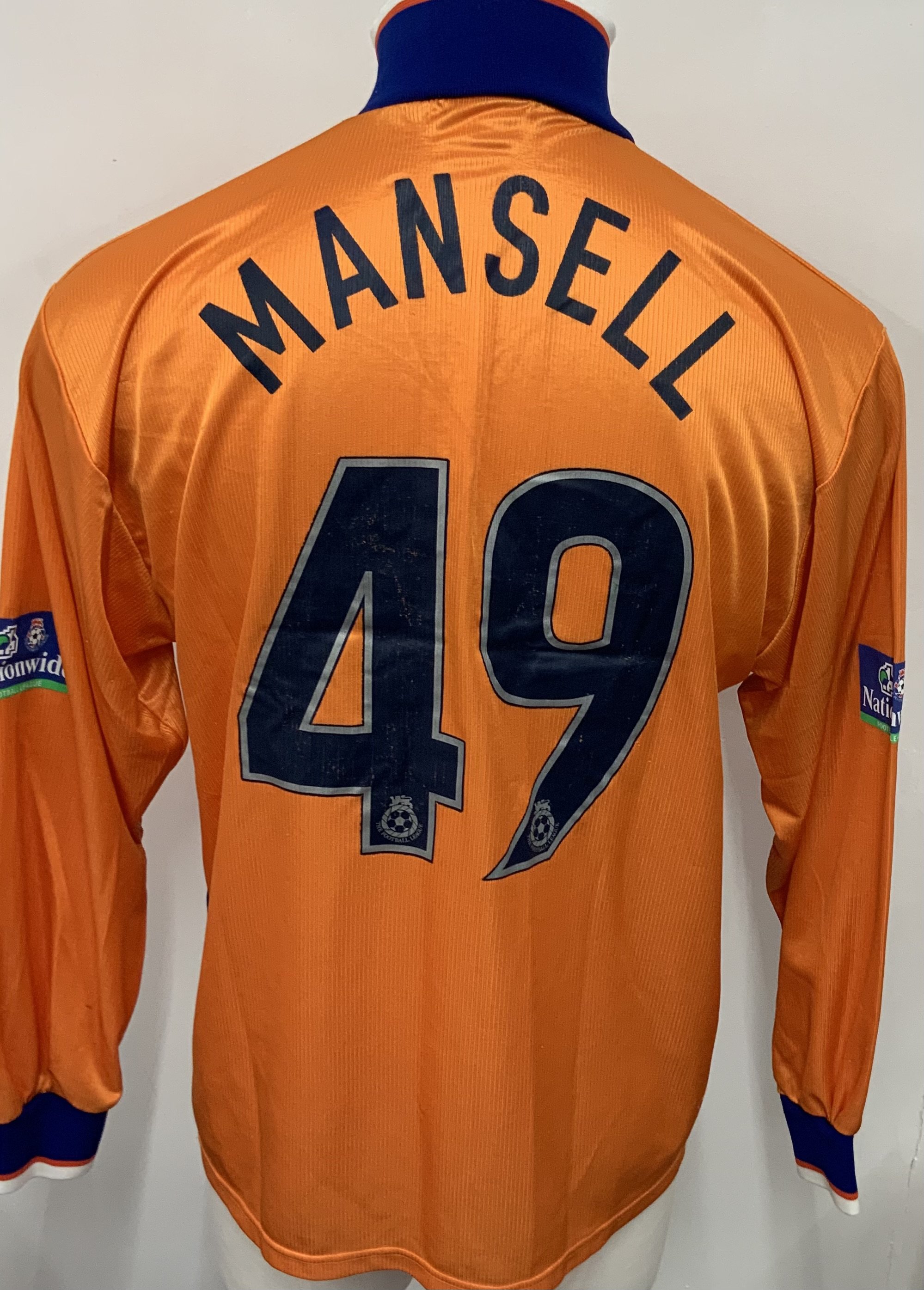 Luton Town 2000 - 2001 Match Worn Football Shirt: Orange long sleeve shirt. Number 49 Mansell. Nationwide sleeve badging. 